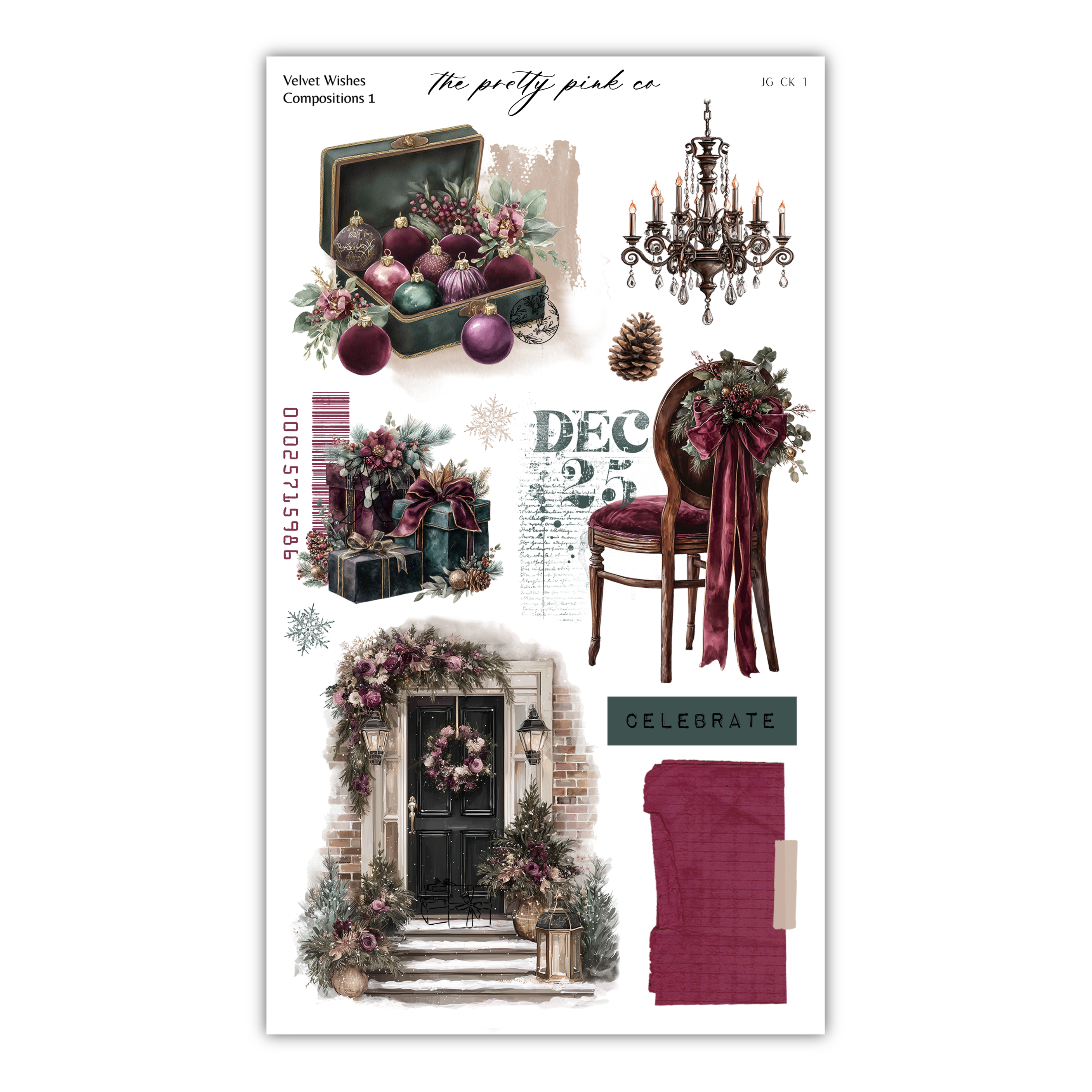 The image is a collage of various Christmas-themed items, including a wreath, a Christmas tree, a chandelier, and other festive decorations.