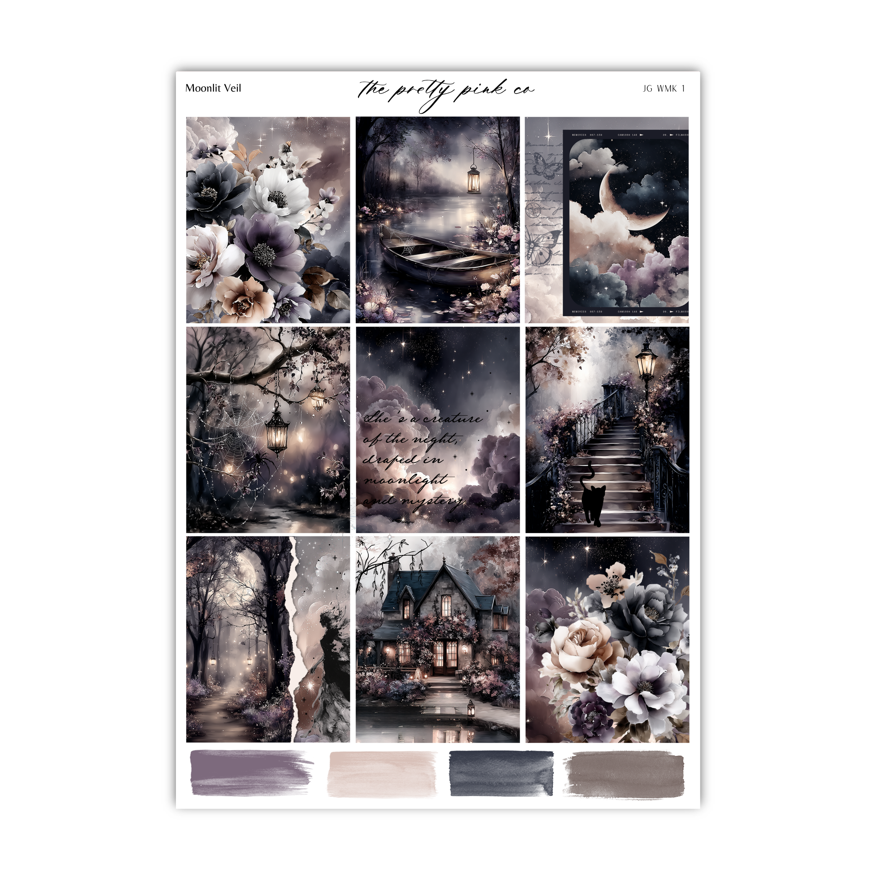 The image is a collage of nine different images, each depicting various scenes and elements, such as flowers, a house, a bridge, and a night sky. The collage is titled "The pretty pink co" and includes a quote about the beauty of the night sky.