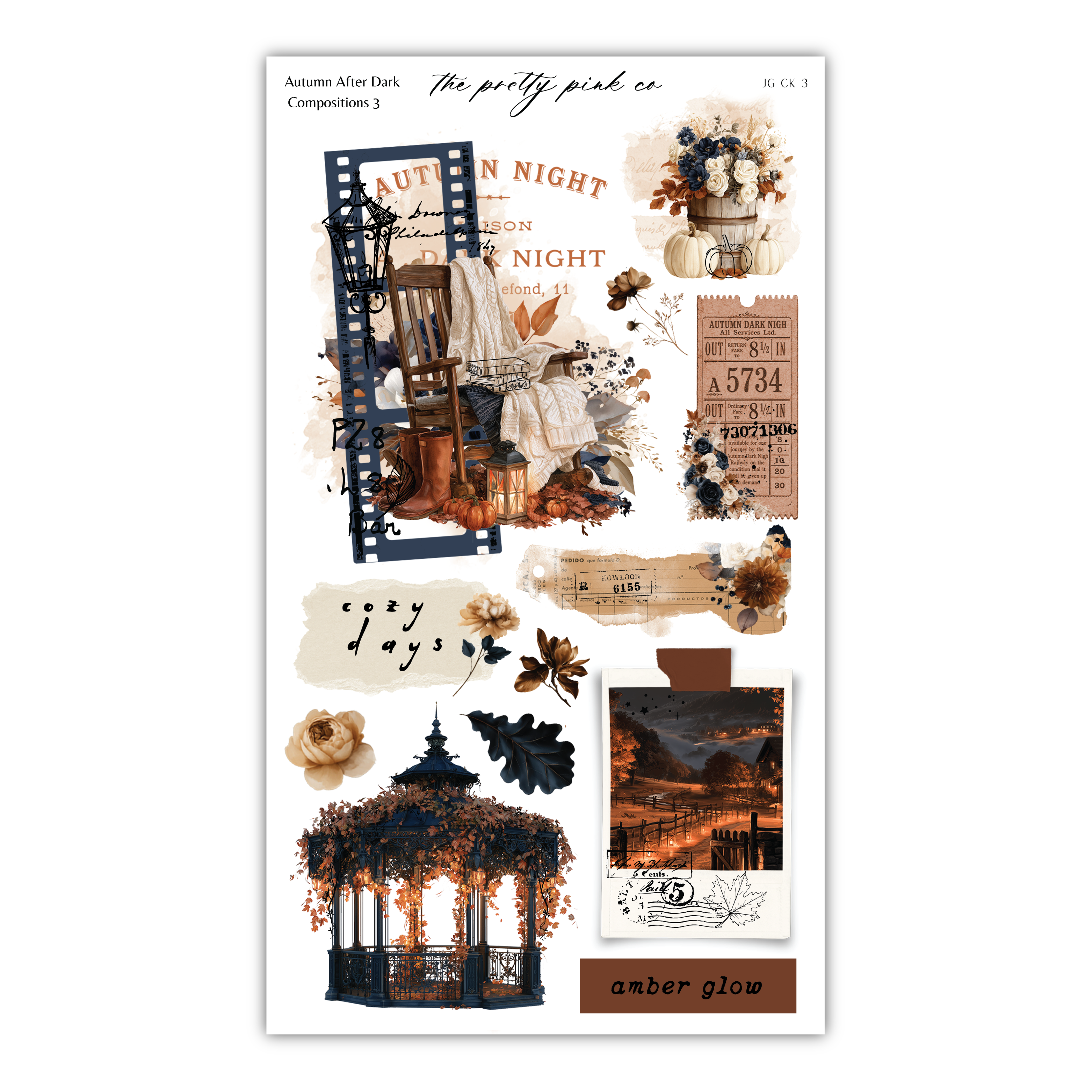 The image is a collage of various autumn-themed elements, including a gazebo, flowers, pumpkins, and a ticket. The collage is titled "Autumn After Dark" and includes a quote about the beauty of the season.