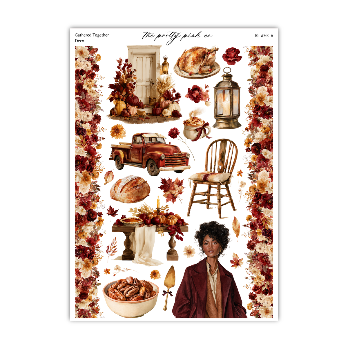The image is a collage of various fall-themed items, including a turkey, lantern, flowers, pumpkins, a truck, a chair, a bowl of bread, and a woman.
