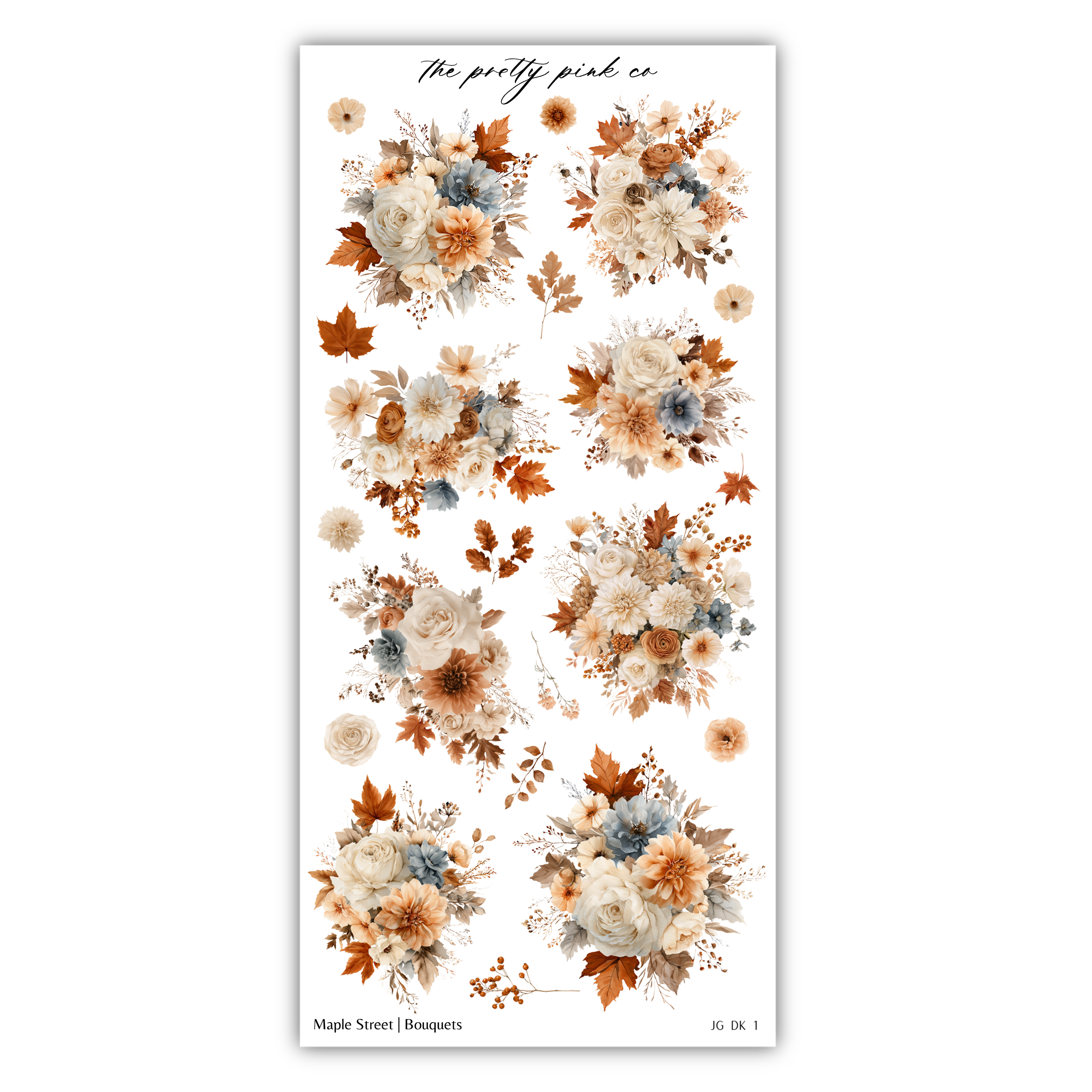 The image is a collage of various floral arrangements, including bouquets and leaves, in shades of brown, white, and orange. The text "The pretty pink co" is visible, suggesting the image is related to a company or brand.