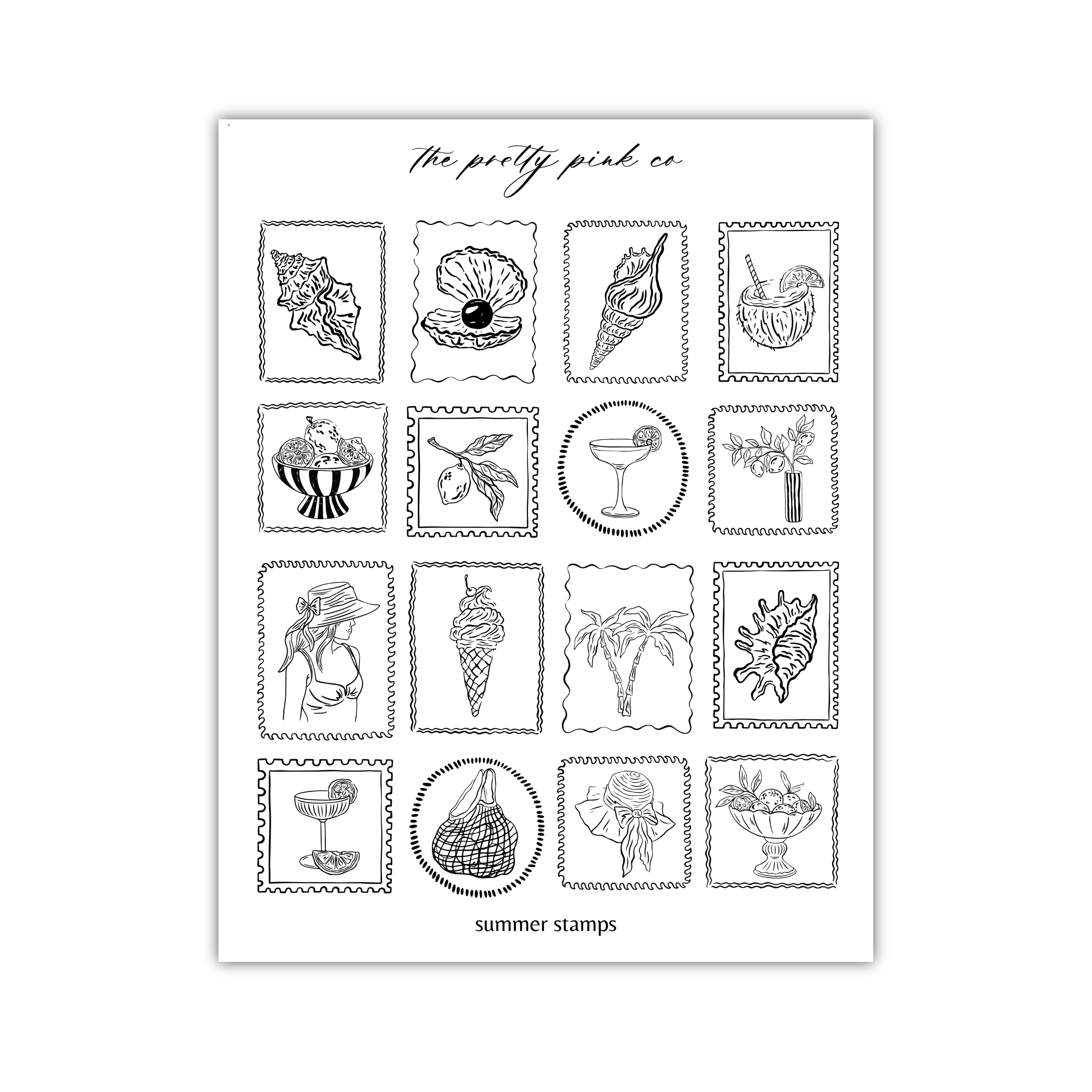 a collection of 16 black and white illustrations, each depicting various summer-themed objects and scenes, such as seashells, coconuts, cocktails, flowers, and more. The illustrations are arranged in a grid format, with four rows and four columns. The text "The pretty pink co" is written above the illustrations, and "summer stamps" is written below them.