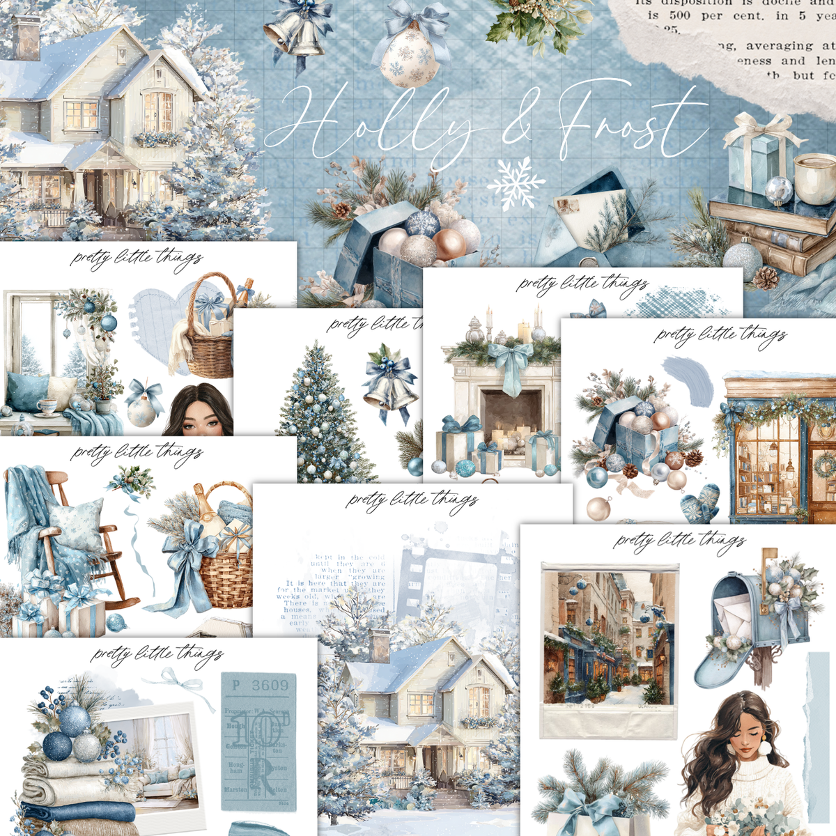 The image is a collage of various winter-themed images, including a snowy house, Christmas trees, and other holiday decorations. The collage is titled "Holly & Frost" and includes text that describes the images, such as "pretty little things" and "pretty little things".