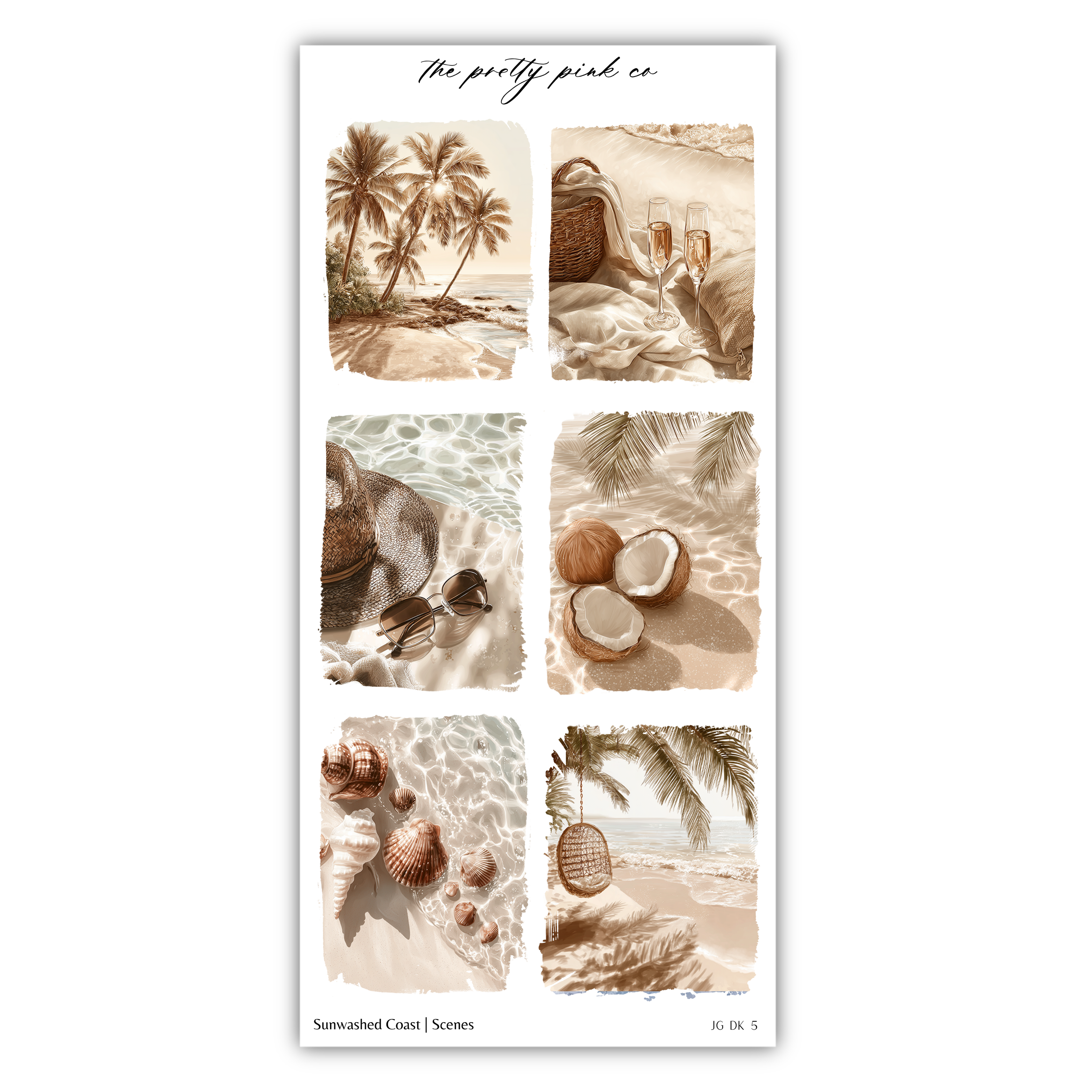 The image is a collage of six different beach scenes, each depicting a unique aspect of the coastal environment.