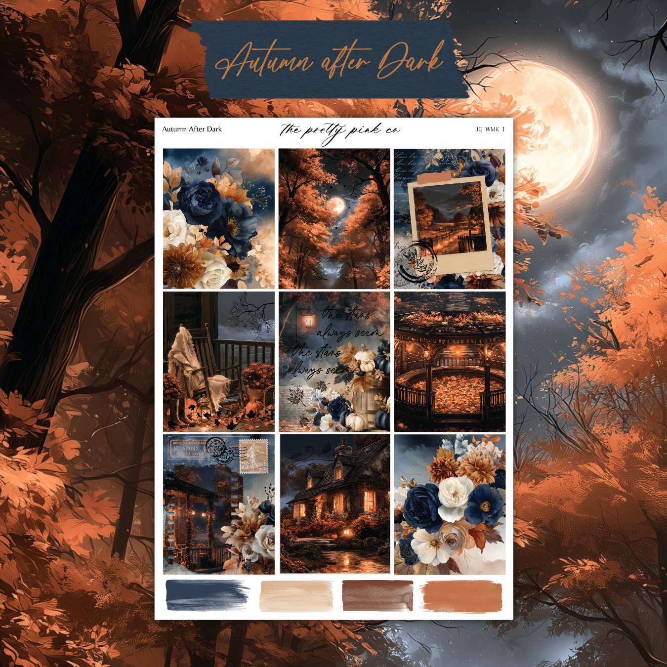 The image is a collage of nine different autumn-themed images, including a full moon, trees, flowers, and a house. The collage is titled "Autumn after Dark" and is part of a series called "The pretty pink co."