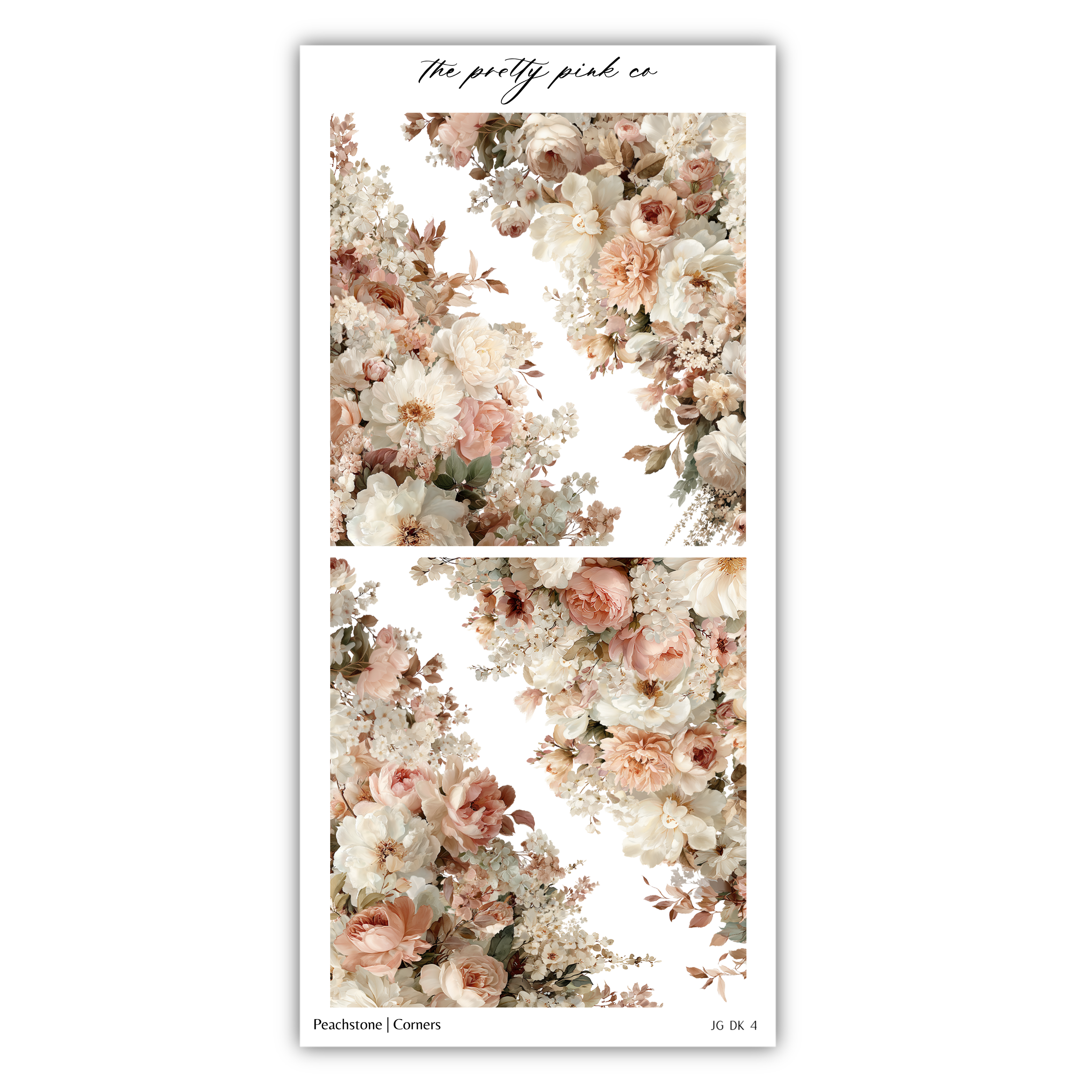The image is a collage of two floral images, each featuring a large bouquet of white and peach-colored flowers. The collage is titled "The pretty pink co" and includes the text "Peachlene (Corns)" at the bottom.