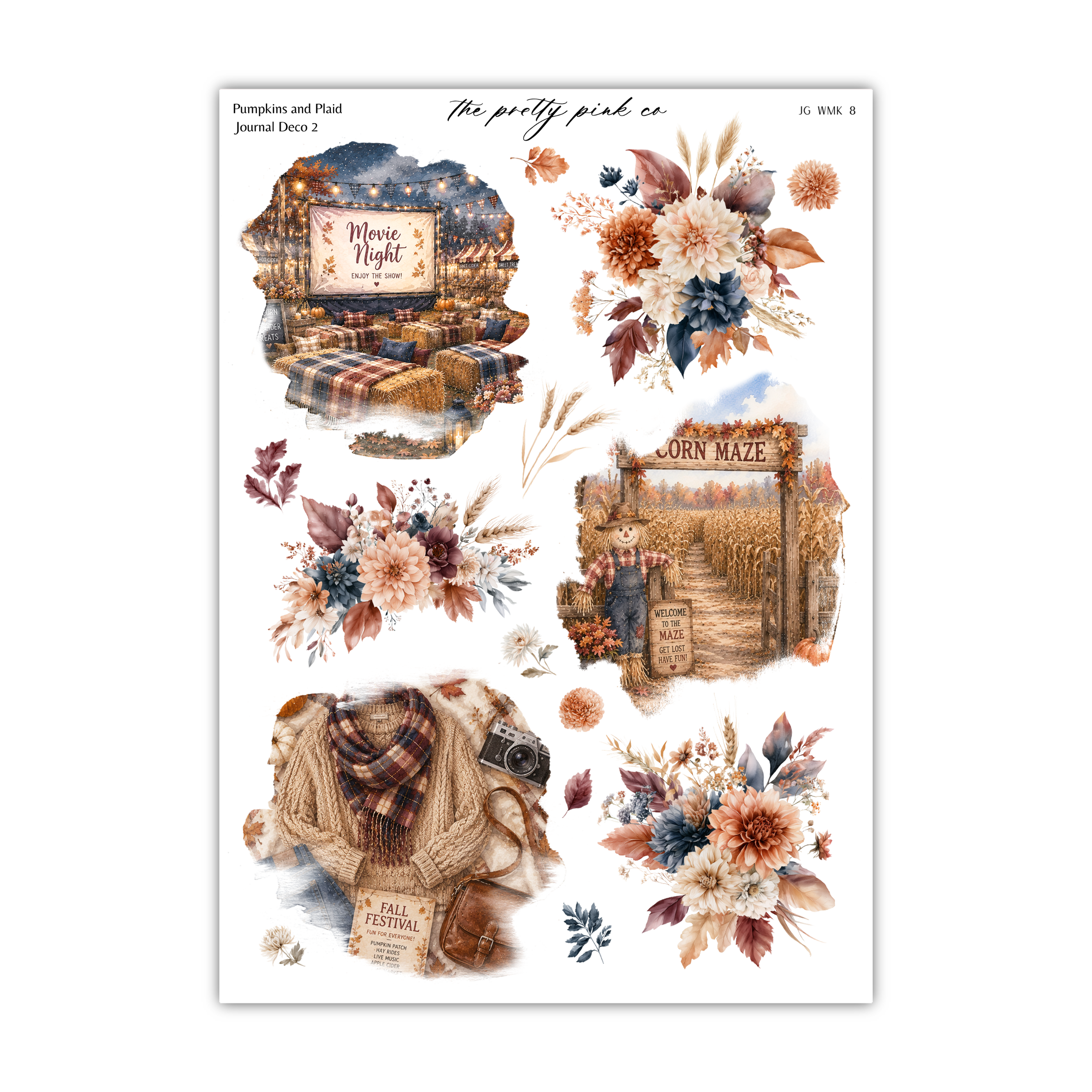 The image is a collage of various autumn-themed elements, including pumpkins, plaid blankets, a corn maze, and a camera.