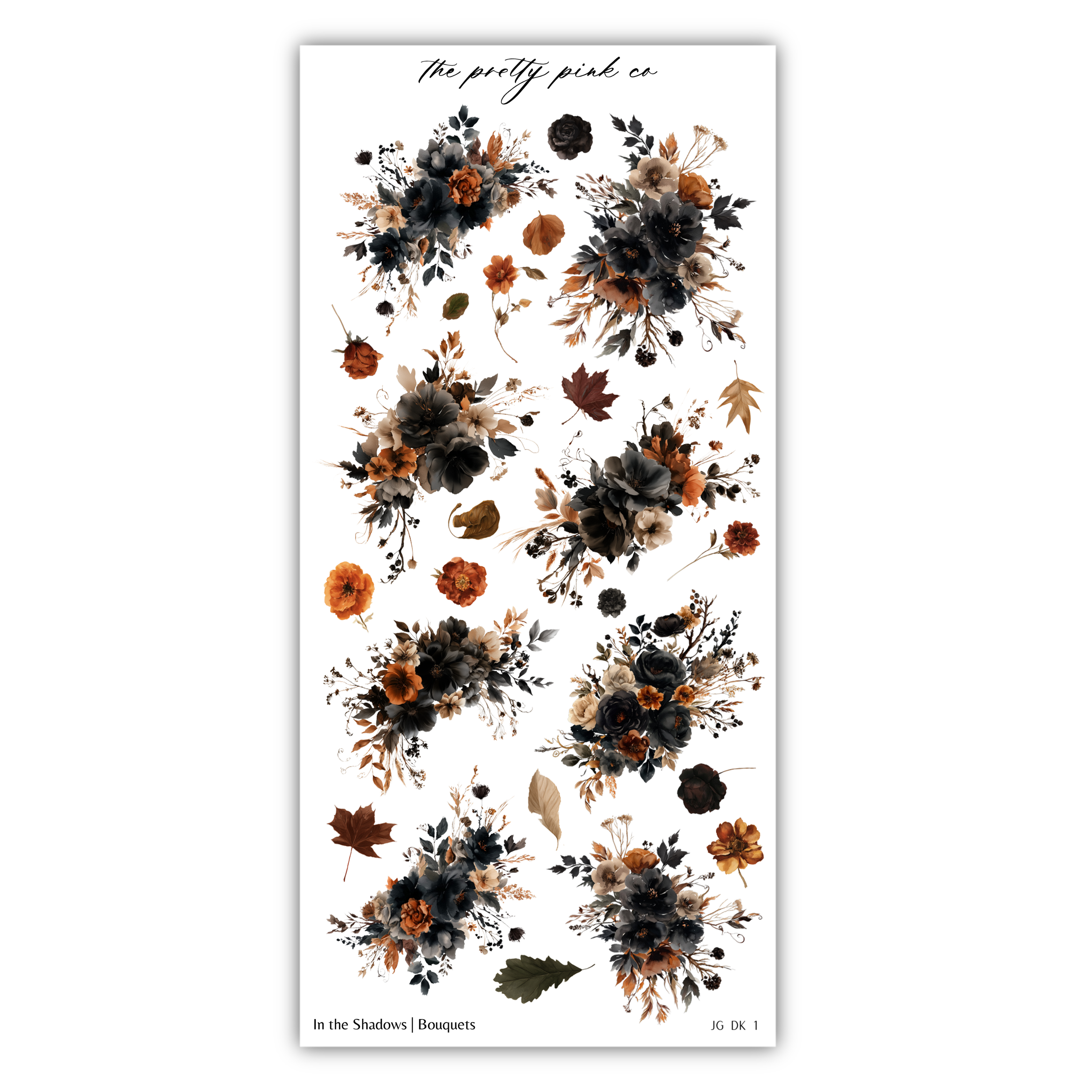a collection of floral arrangements and leaves in various shades of brown, black, and orange, arranged in a visually appealing manner.