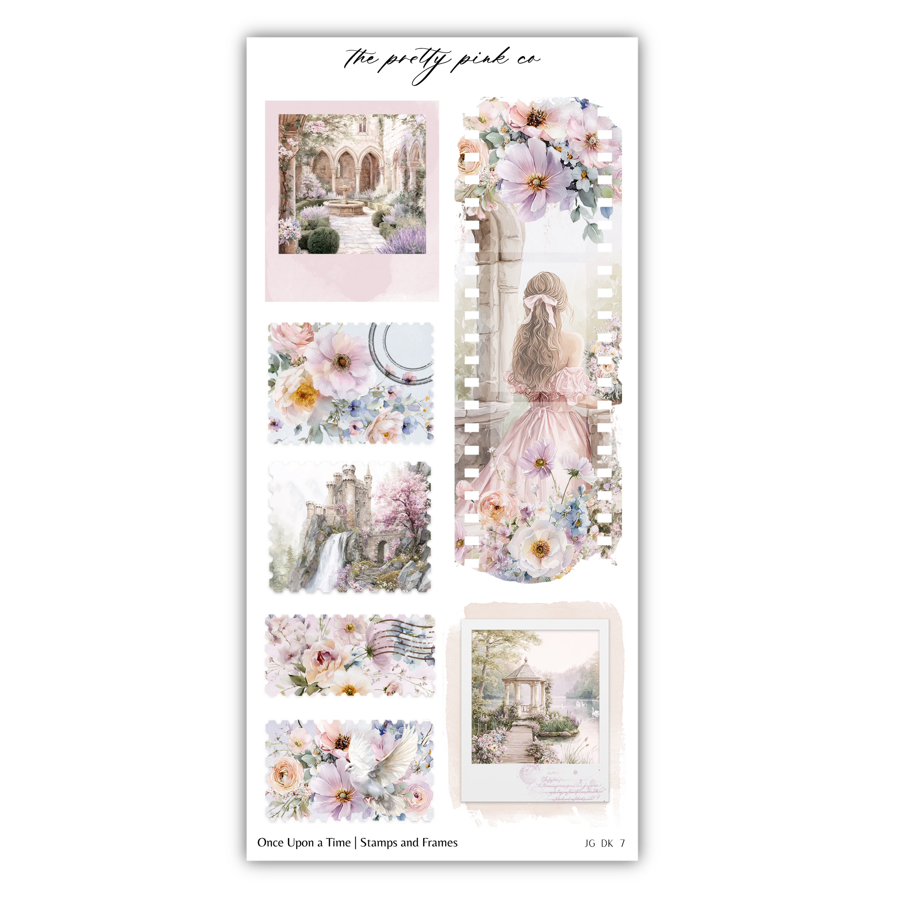 The image is a collage of various floral and architectural scenes, including a castle, a garden, and a woman in a pink dress.