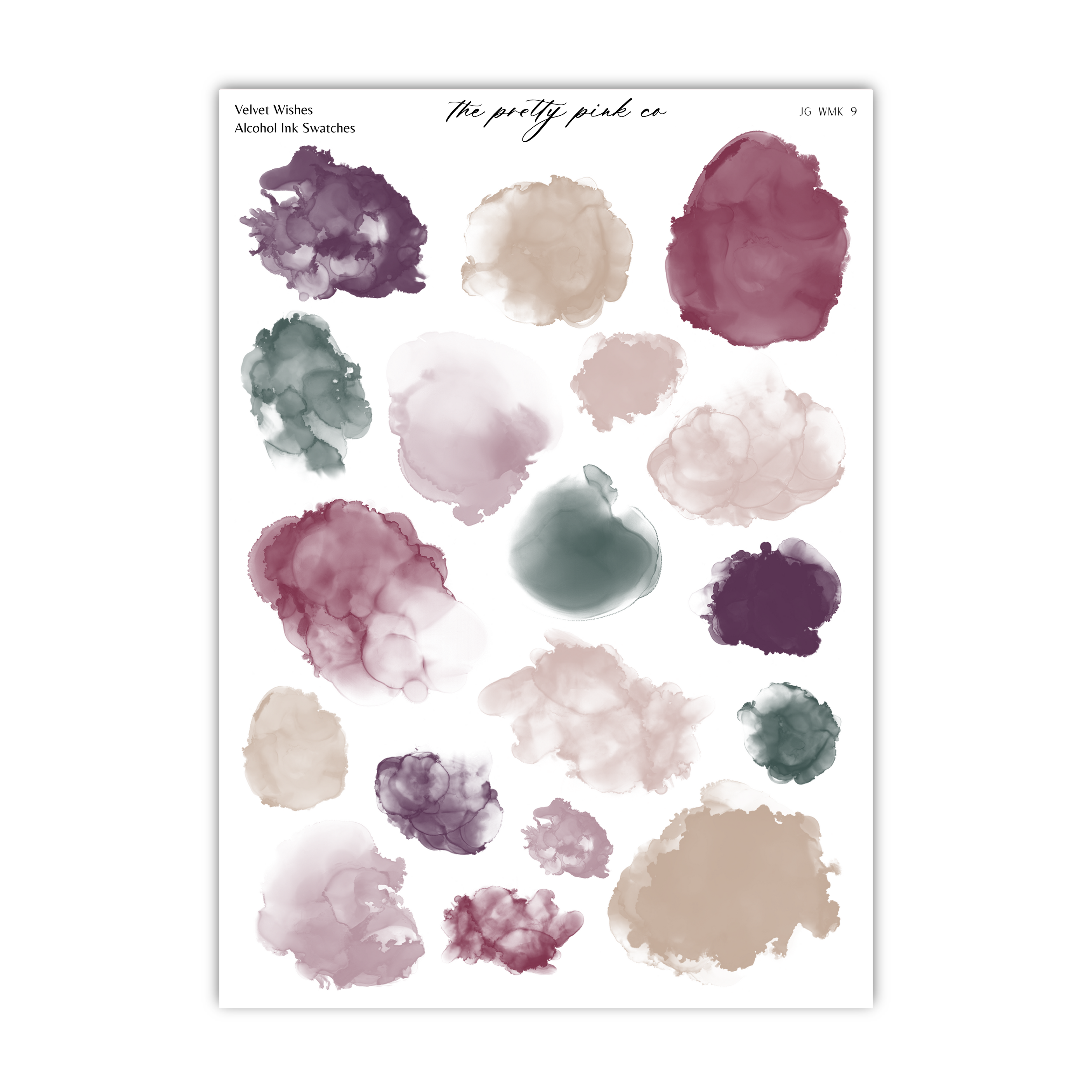 a collection of abstract watercolor-style splatters in various shades of purple, pink, and green.