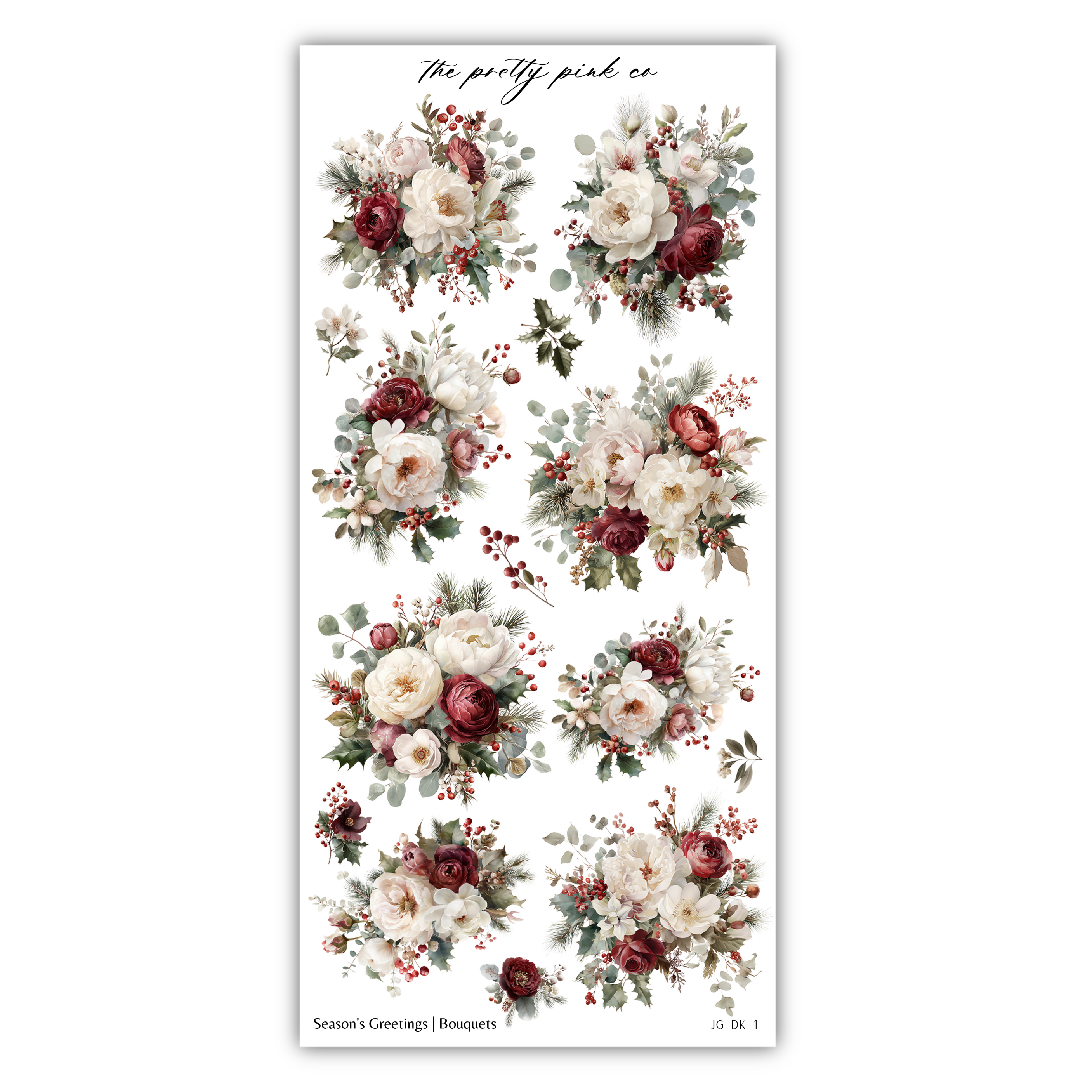 a collection of floral arrangements, each featuring a variety of white, red, and green flowers. The arrangements are arranged in a grid-like pattern, creating a visually appealing and harmonious display.