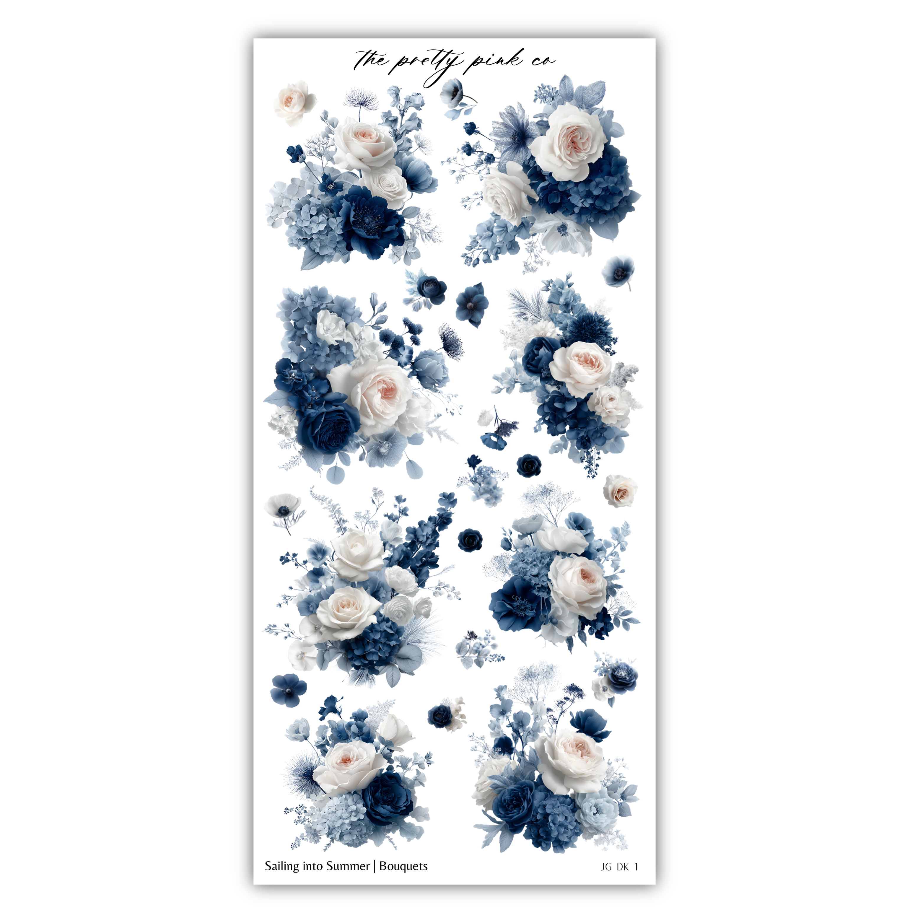 a collection of floral arrangements in shades of blue and white, including roses, hydrangeas, and other flowers. The arrangement appears to be a collage or a series of individual images, with the text "Sailing into Summer Bouquets" visible, suggesting that the image is related to summer floral designs.