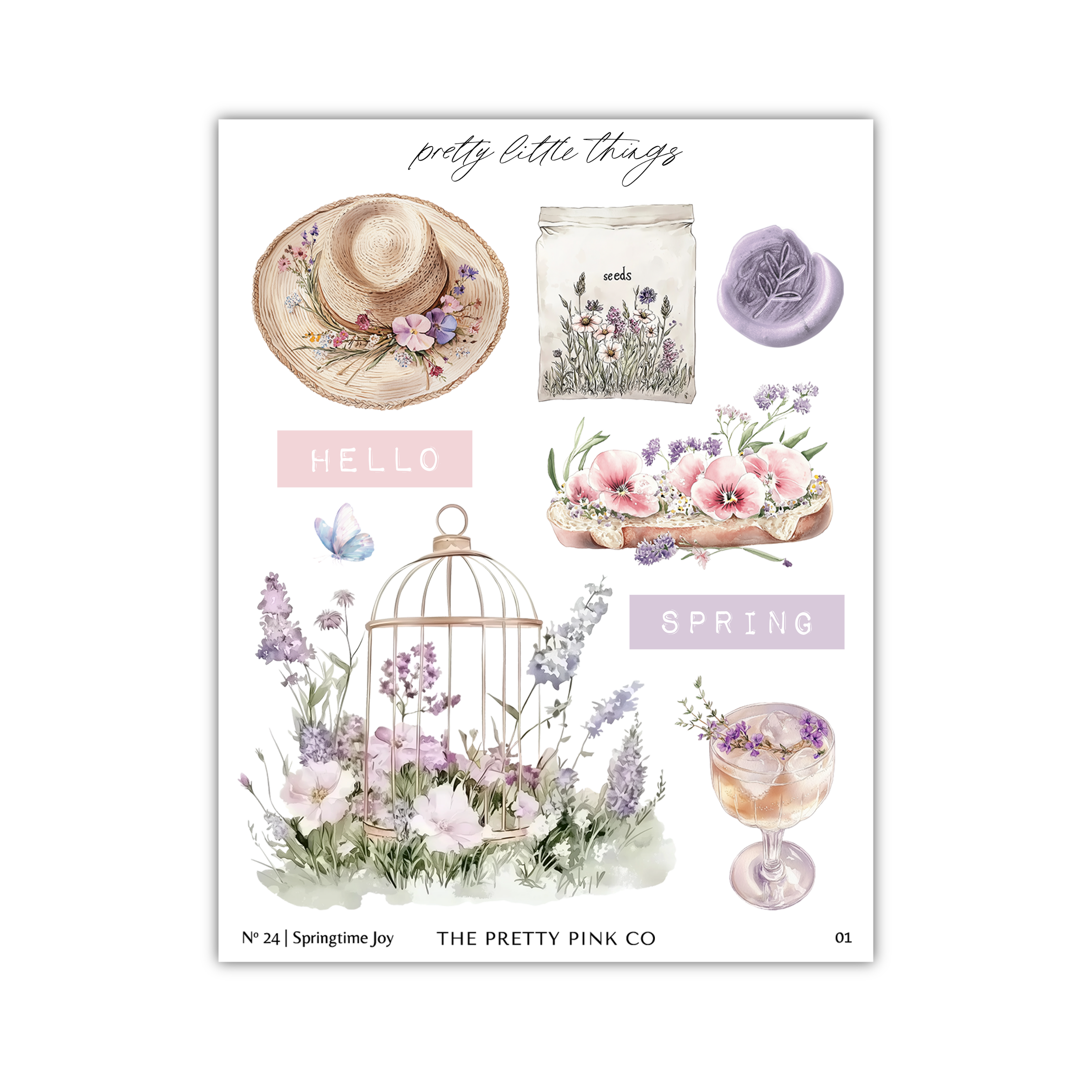 The image is a collage of various spring-themed items, including a hat, a bag, a birdcage, flowers, and a glass of what appears to be a spring-inspired drink.