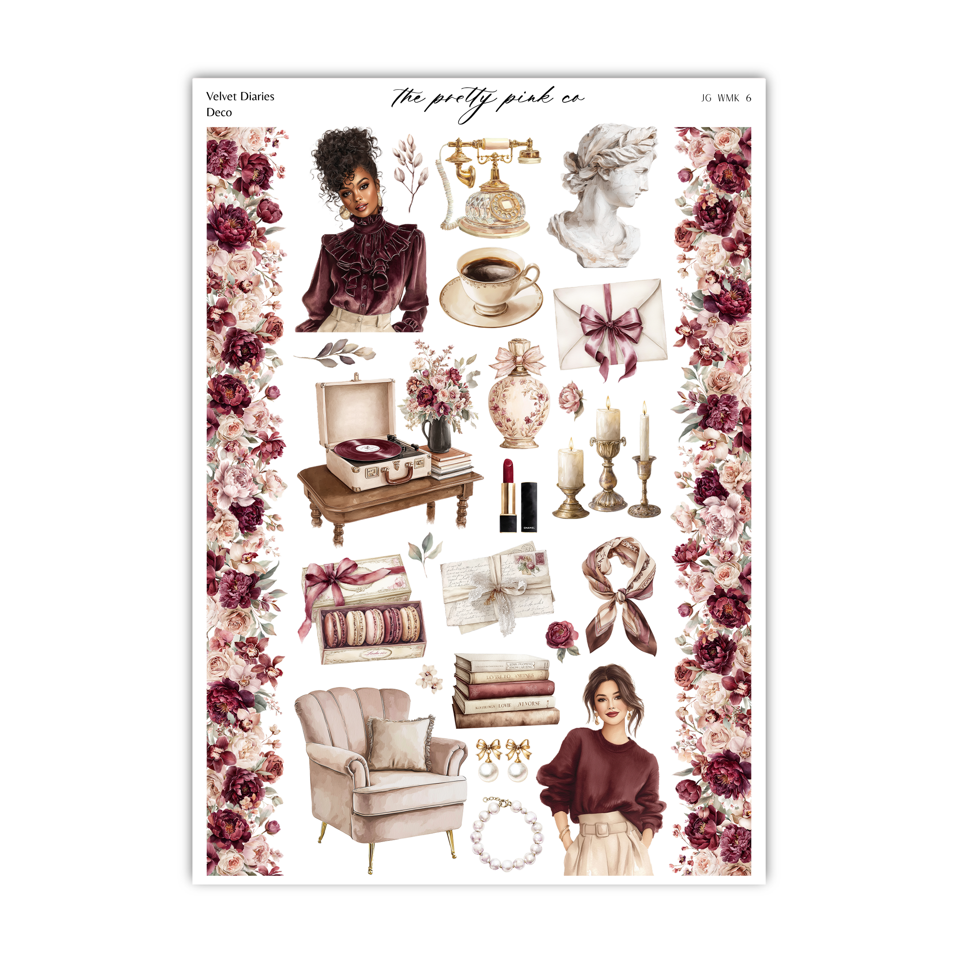 The image is a collage of various decorative and fashion-related items, including a woman, a vase, a suitcase, a chair, a bust, a teapot, a candle, a book, a bouquet of flowers, a ribbon, a scarf, a hat, a coat, and a sweater.