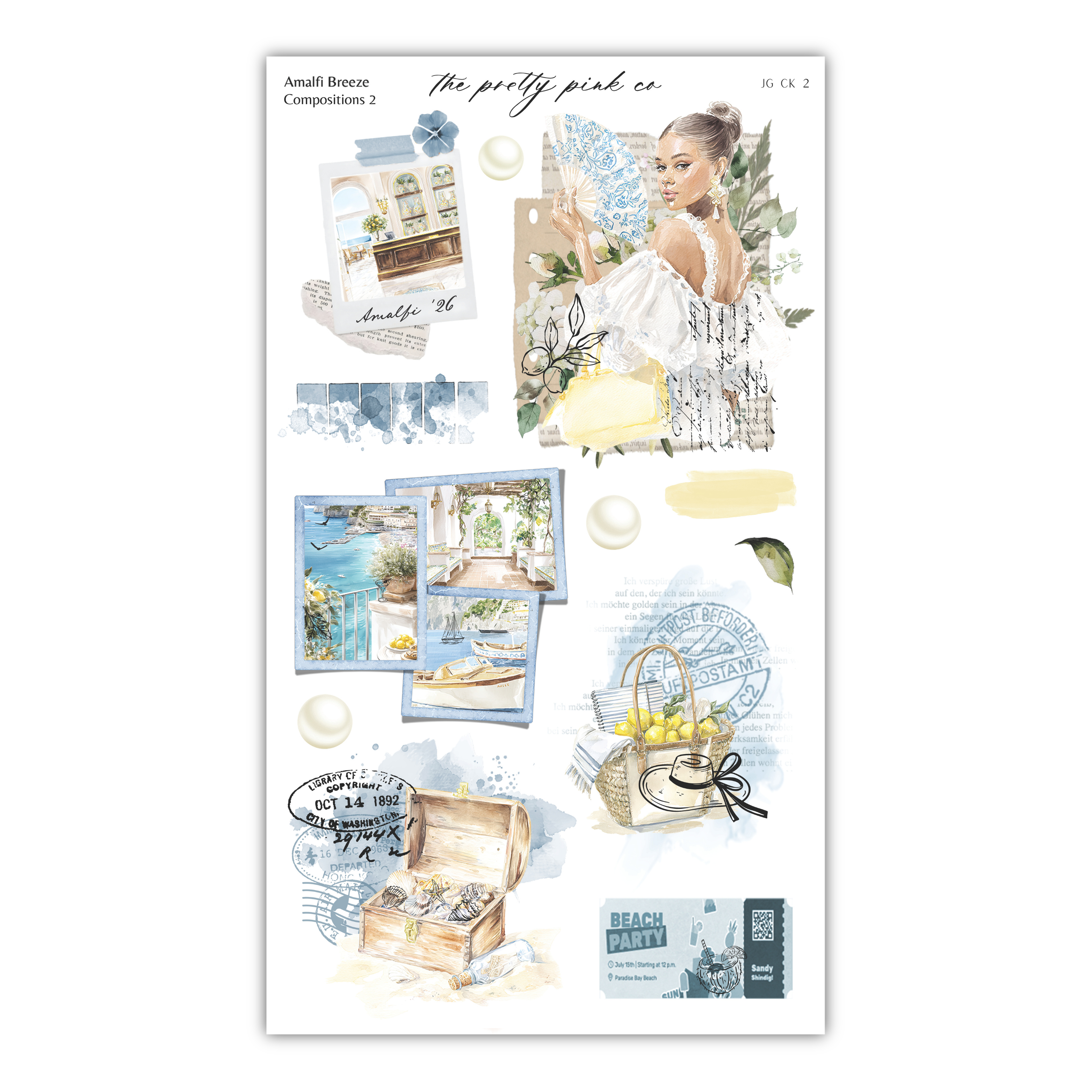 The image is a collage of various artistic elements, including a woman in a white dress, a woman holding a fan, and other decorative elements such as flowers, pearls, and a suitcase. The collage appears to be a creative and visually appealing composition.