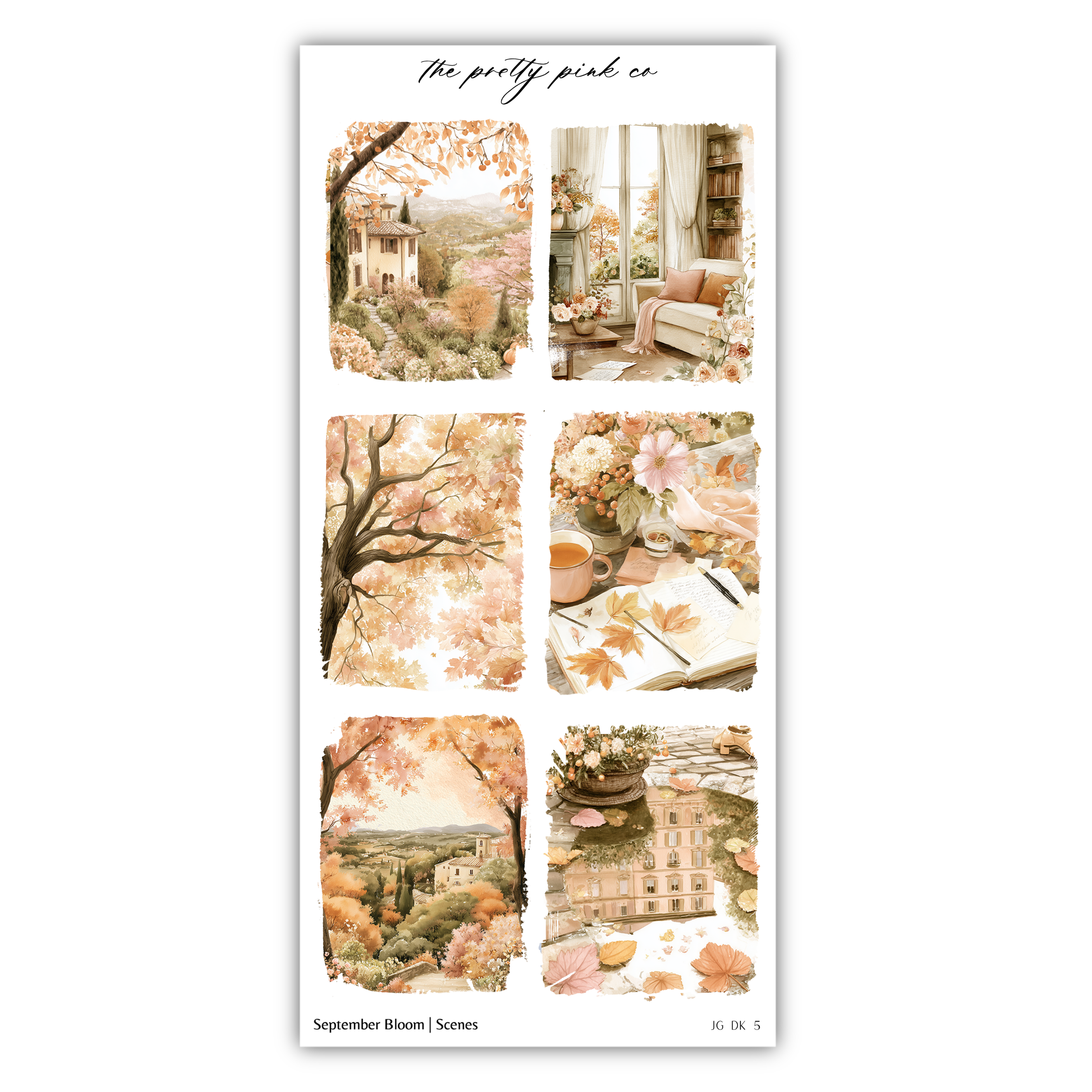 The image is a collage of six different scenes, each depicting a different aspect of autumn, including a house, a tree, a vase of flowers, a cup, a book, and a landscape.