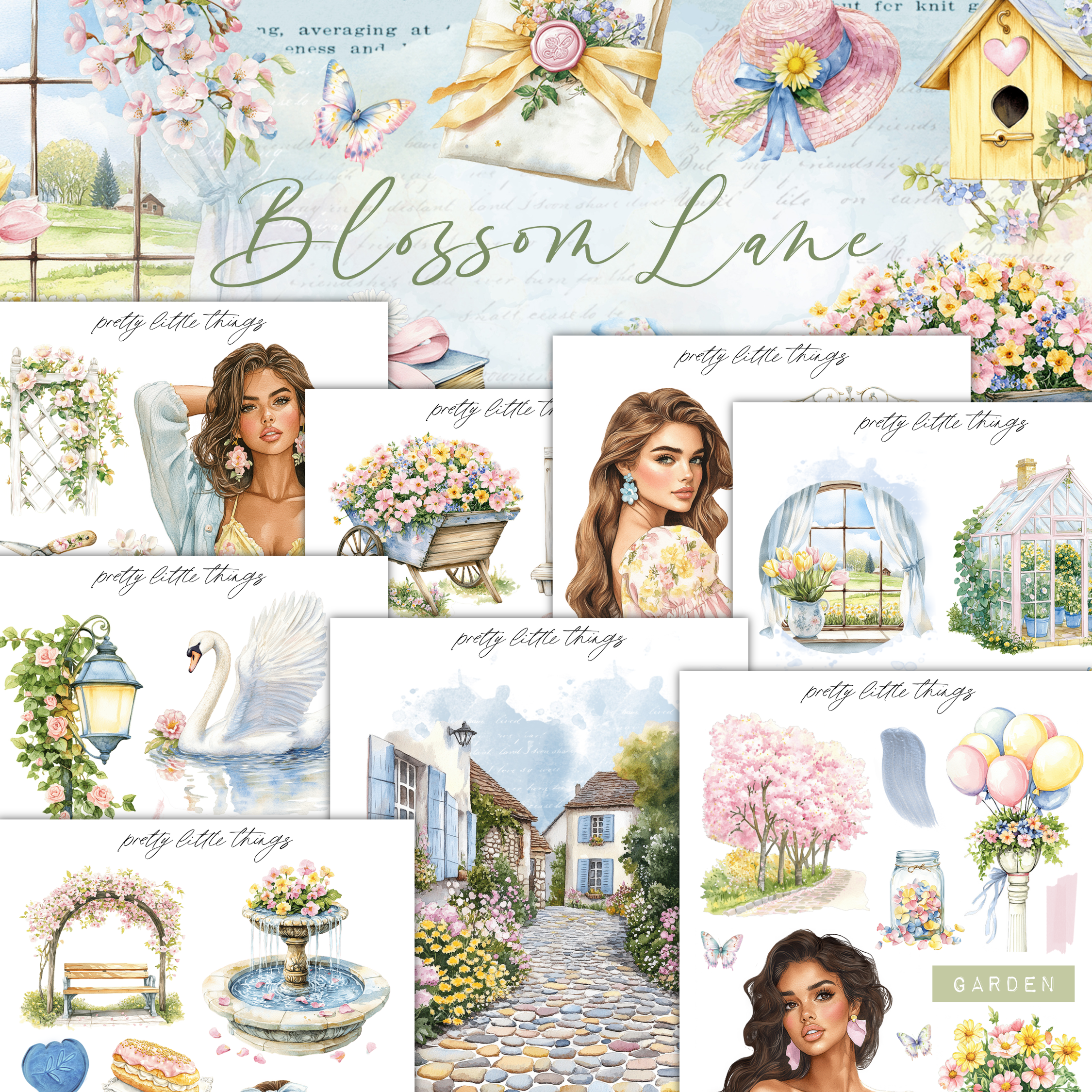 The image is a collage of various illustrations and scenes related to the theme of "Blossom Lane". It includes images of women, flowers, houses, and other elements that evoke a sense of springtime and nature. The collage is titled "Blossom Lane" and includes the phrase "pretty little things" in several instances, suggesting a focus on the beauty and charm of small details and details.