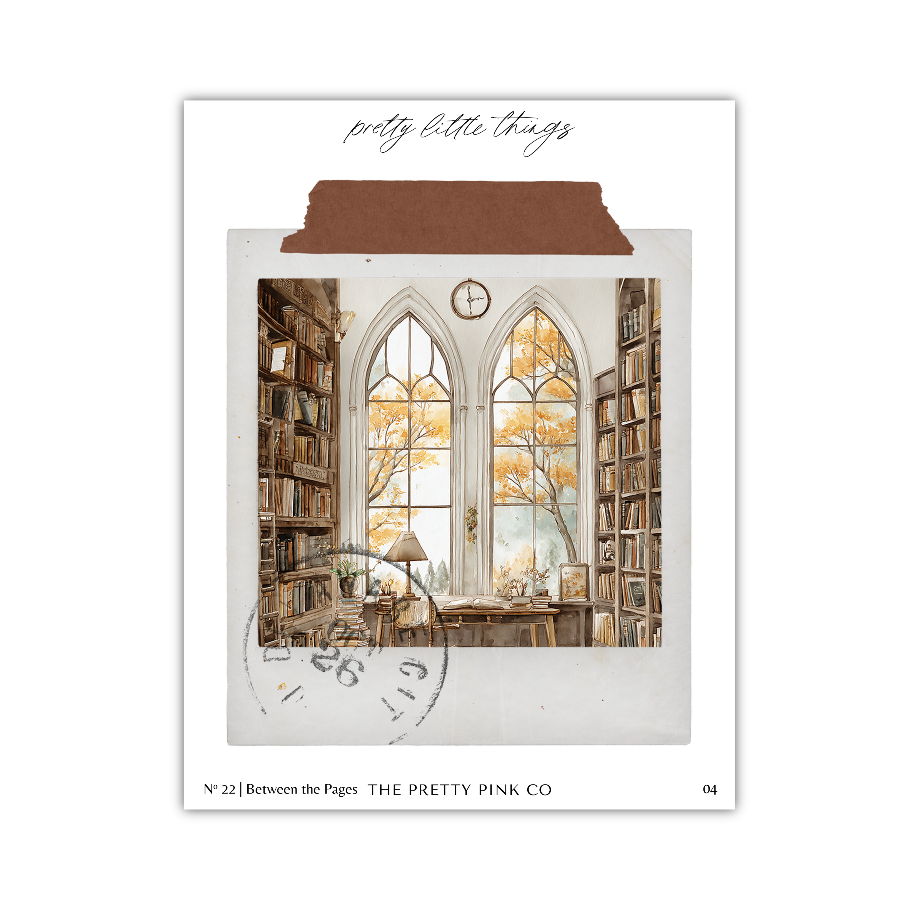 The image is a collage of two pictures, featuring a large window with bookshelves and a clock, and a desk with a lamp. The collage is titled "Between the Pages" and is part of "The Pretty Pink Co."