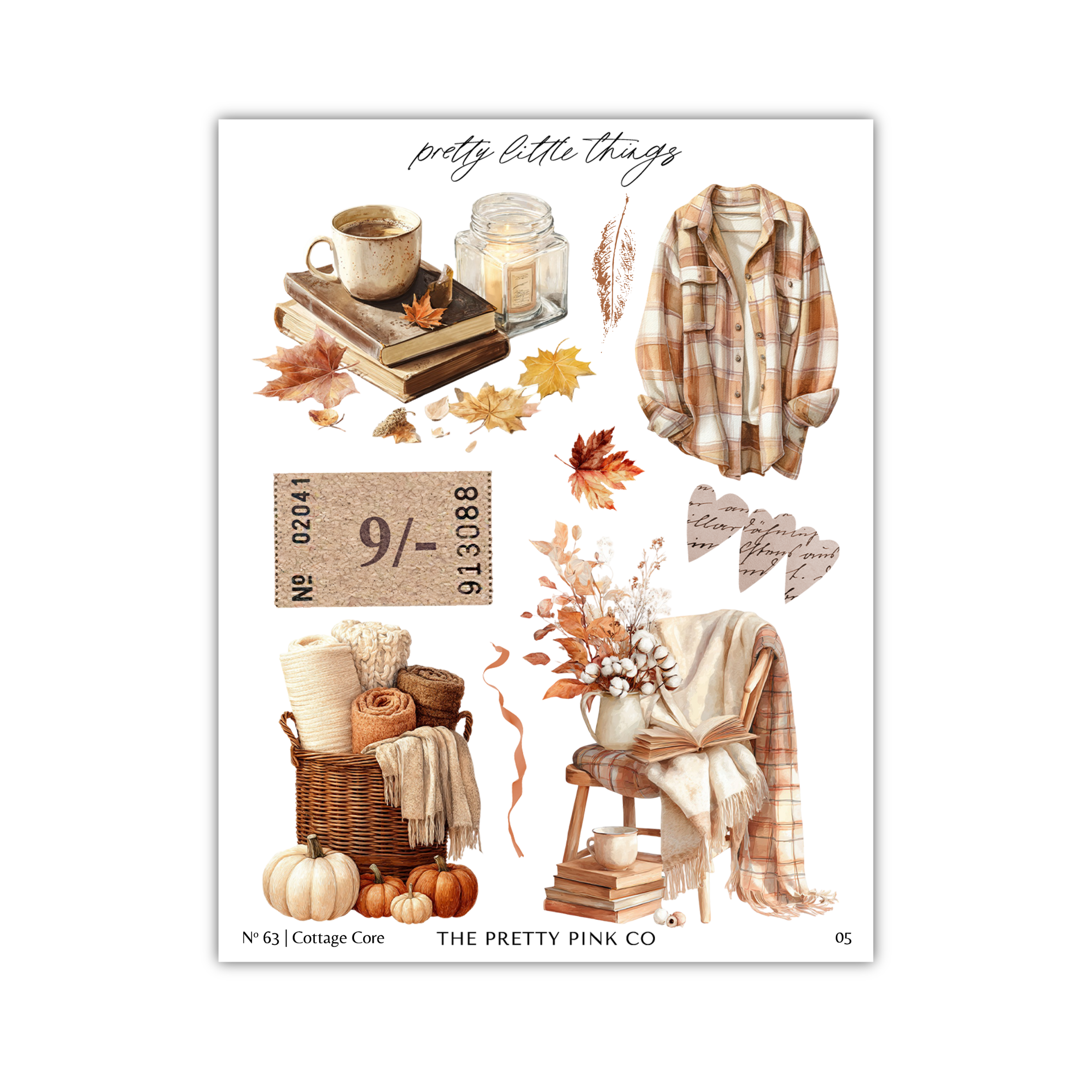 The image is a collage of various fall-themed items, including a plaid shirt, books, a mug, a candle, a basket, pumpkins, and a blanket. The collage is titled "pretty little things" and includes a ticket, a note, and a price tag.