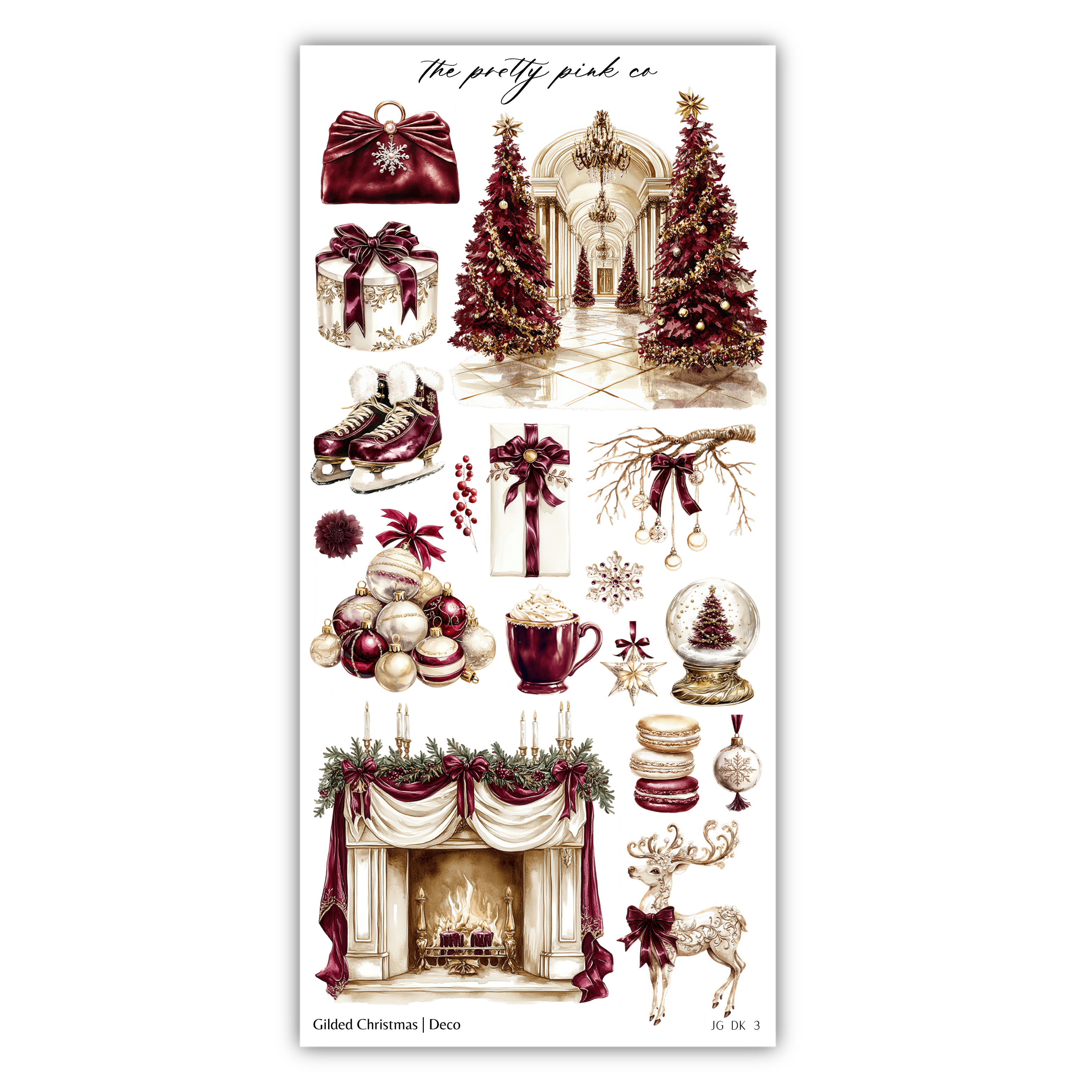 various Christmas-themed items and decorations, including a Christmas tree, a fireplace, a gift, a snow globe, and other festive elements.