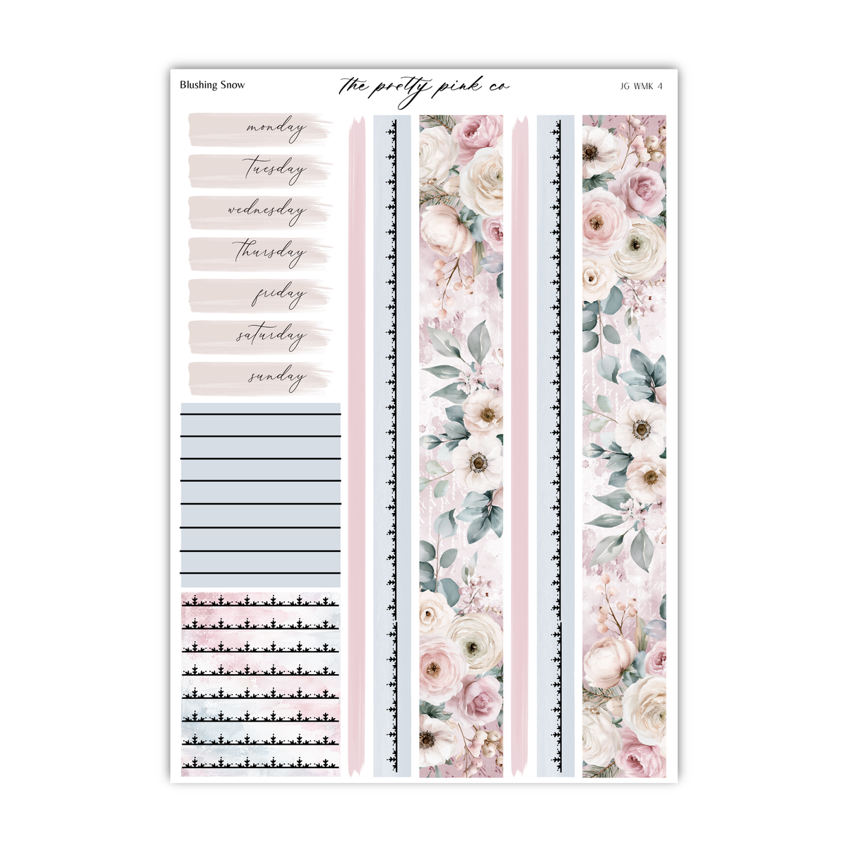 The image is a printed page with various elements, including a floral pattern, a list of days of the week, and a decorative border.