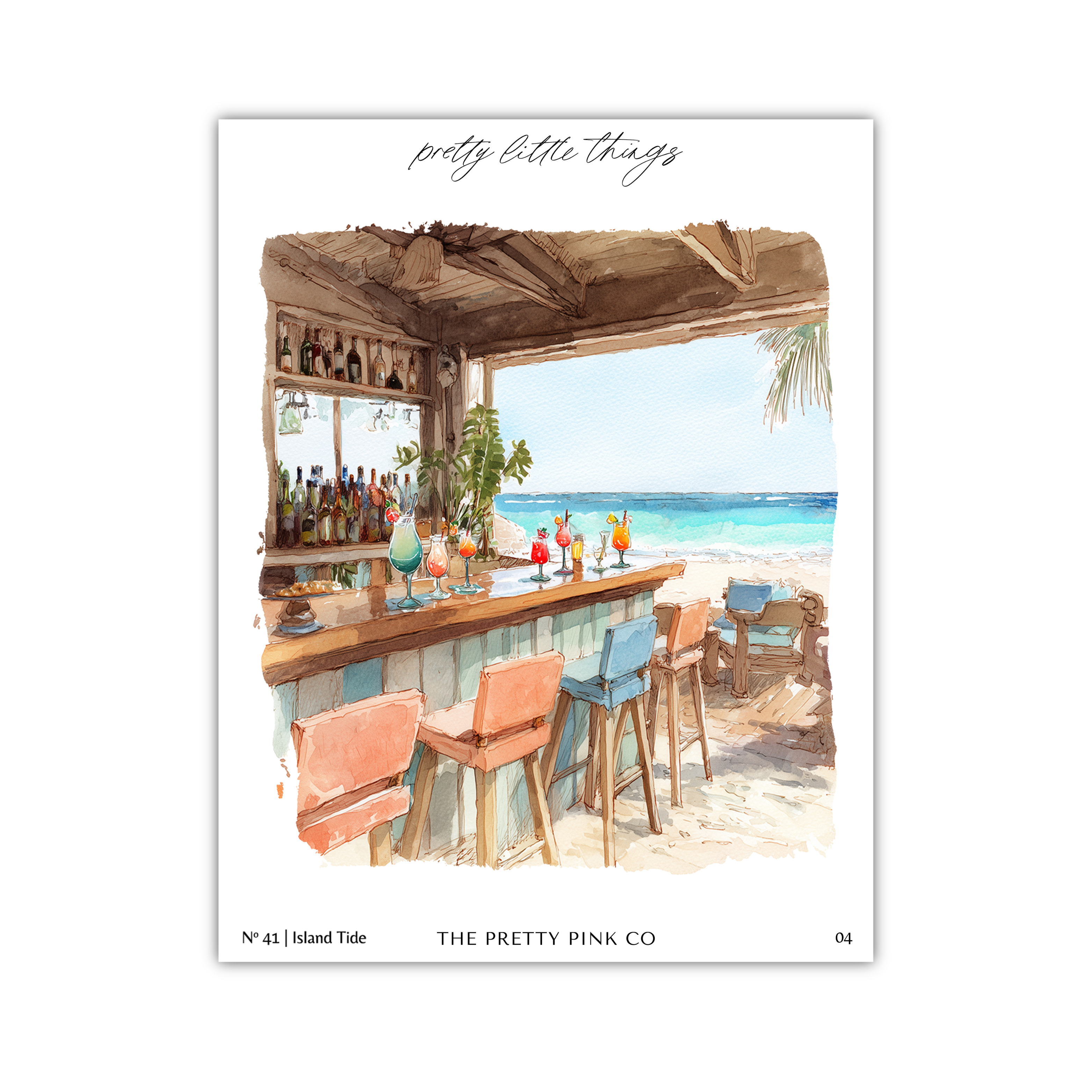 A watercolor painting depicting a beach bar with colorful cocktails, palm trees, and a view of the ocean.