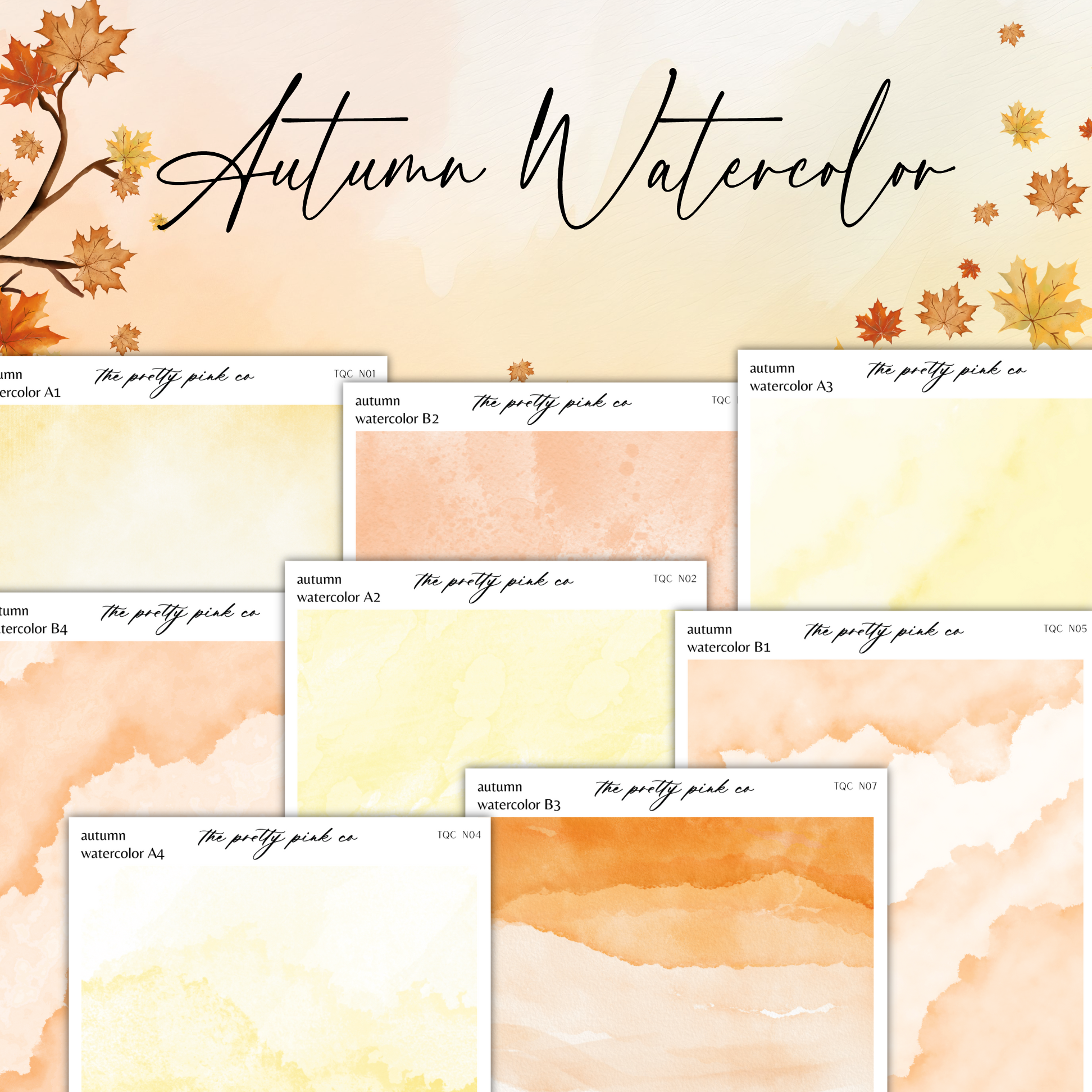 a set of watercolor papers with autumn leaves