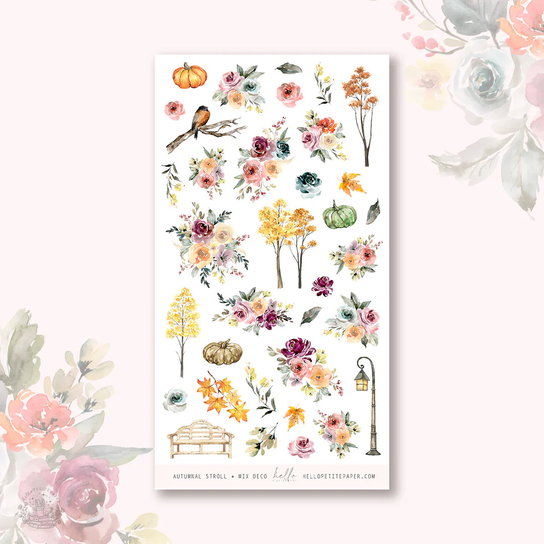 a variety of autumn-themed elements, including flowers, pumpkins, leaves, and a bench, all set against a white background.