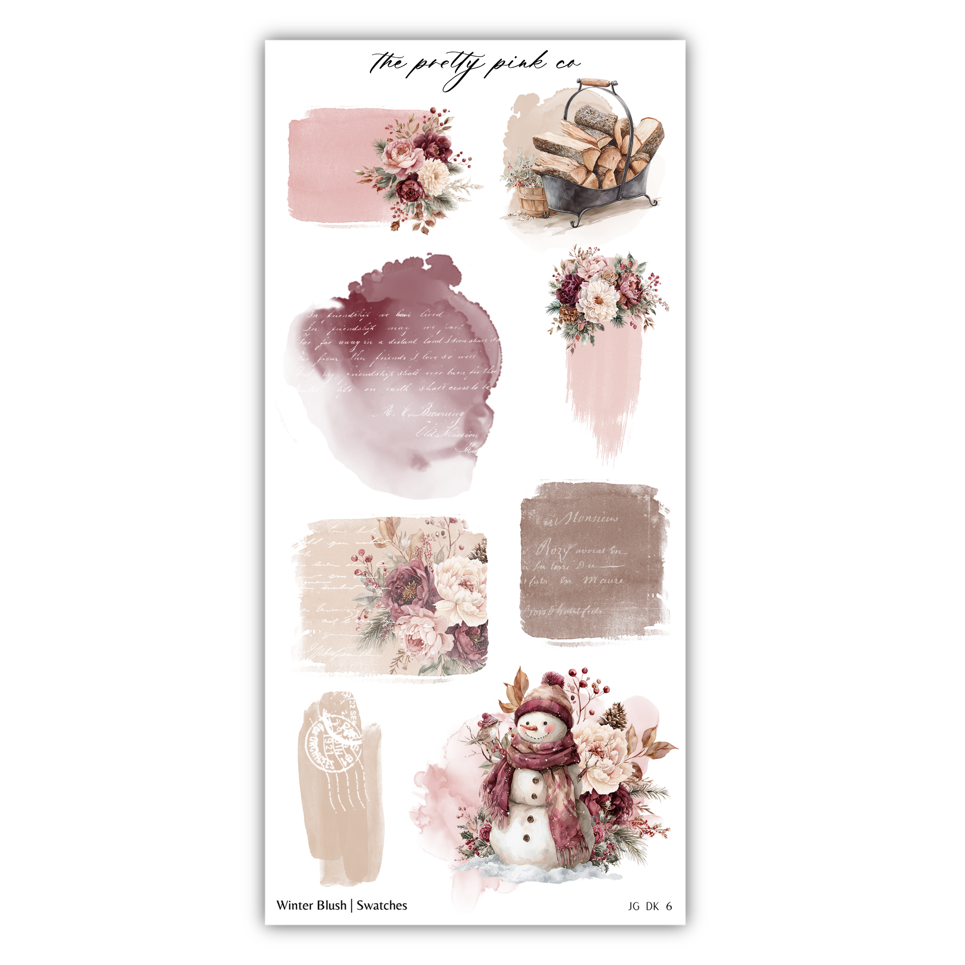 various floral and winter-themed elements, including a snowman, a basket of firewood, and a snowflake. The image is a collage of different pictures, and it does not contain any text.
