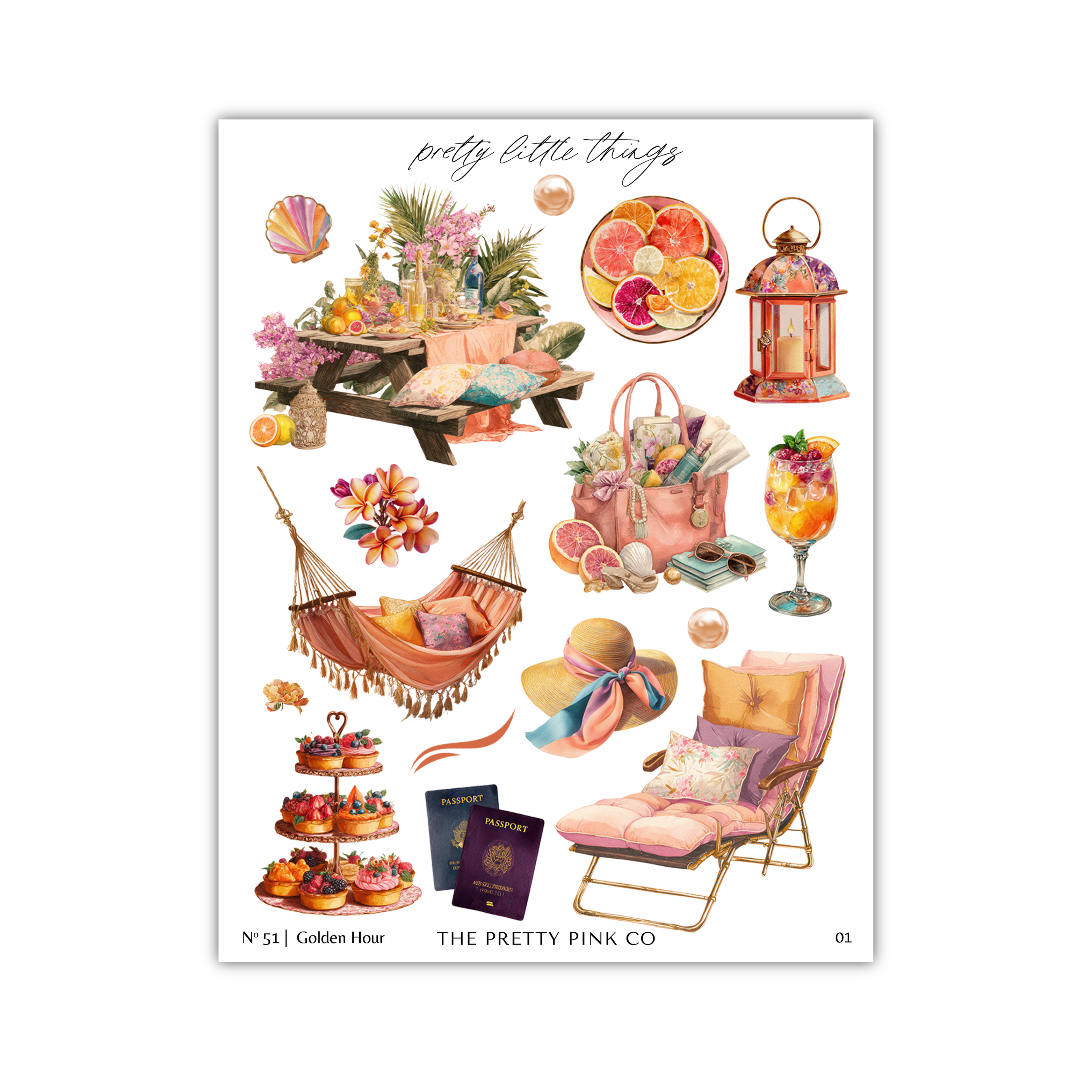 The image is a collage of various colorful and whimsical objects, including a picnic table, a lantern, a basket of fruit, a hammock, a cake, a passport, a suitcase, a beach chair, and a cup of tea.