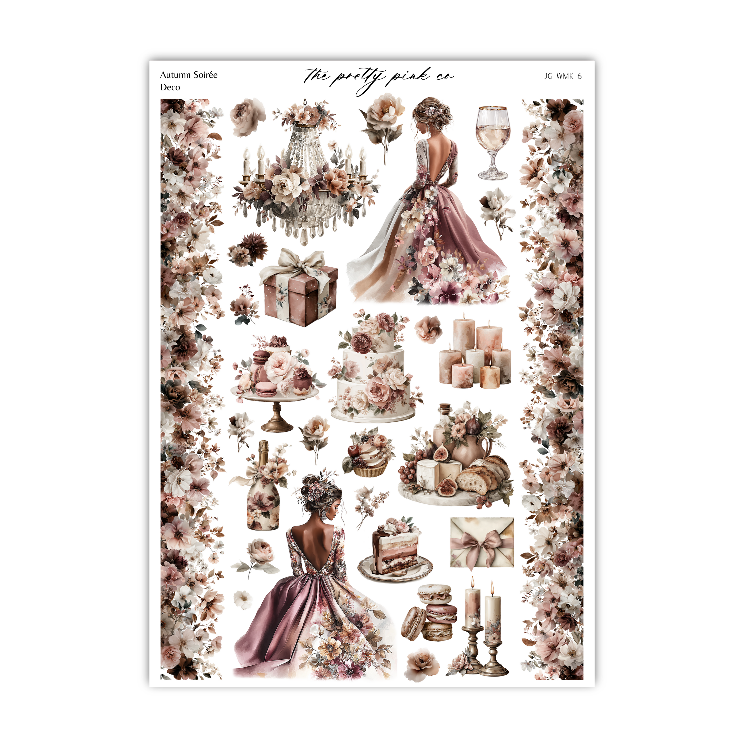 The image is a collage of various floral and decorative elements, including a woman in a pink dress, a chandelier, flowers, cakes, and other ornate items. The collage appears to be a collection of images that together create a visually appealing and intricate design.