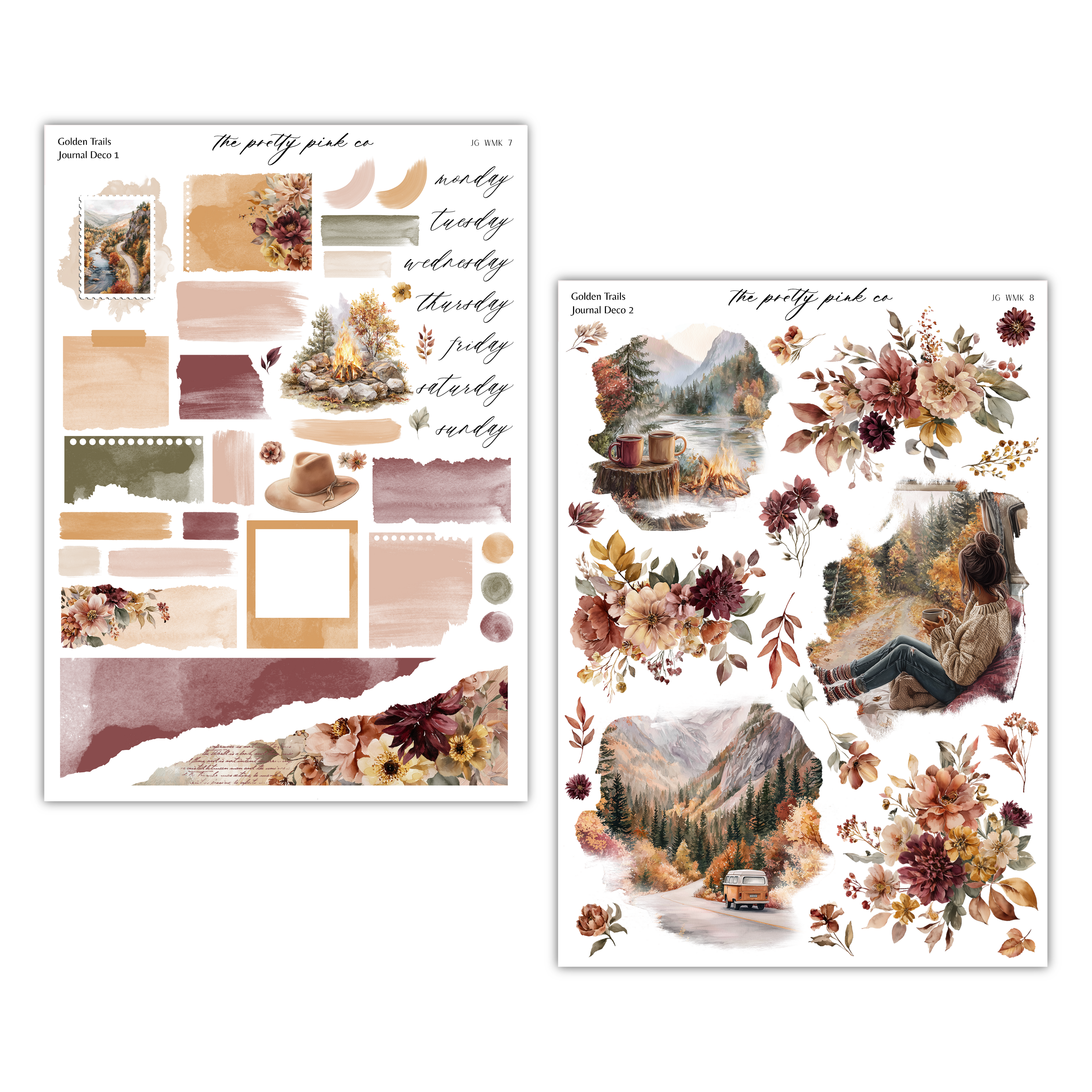 two separate images, each featuring a variety of autumn-themed elements such as flowers, leaves, and a campfire. The images are arranged side by side, creating a visually appealing collage.