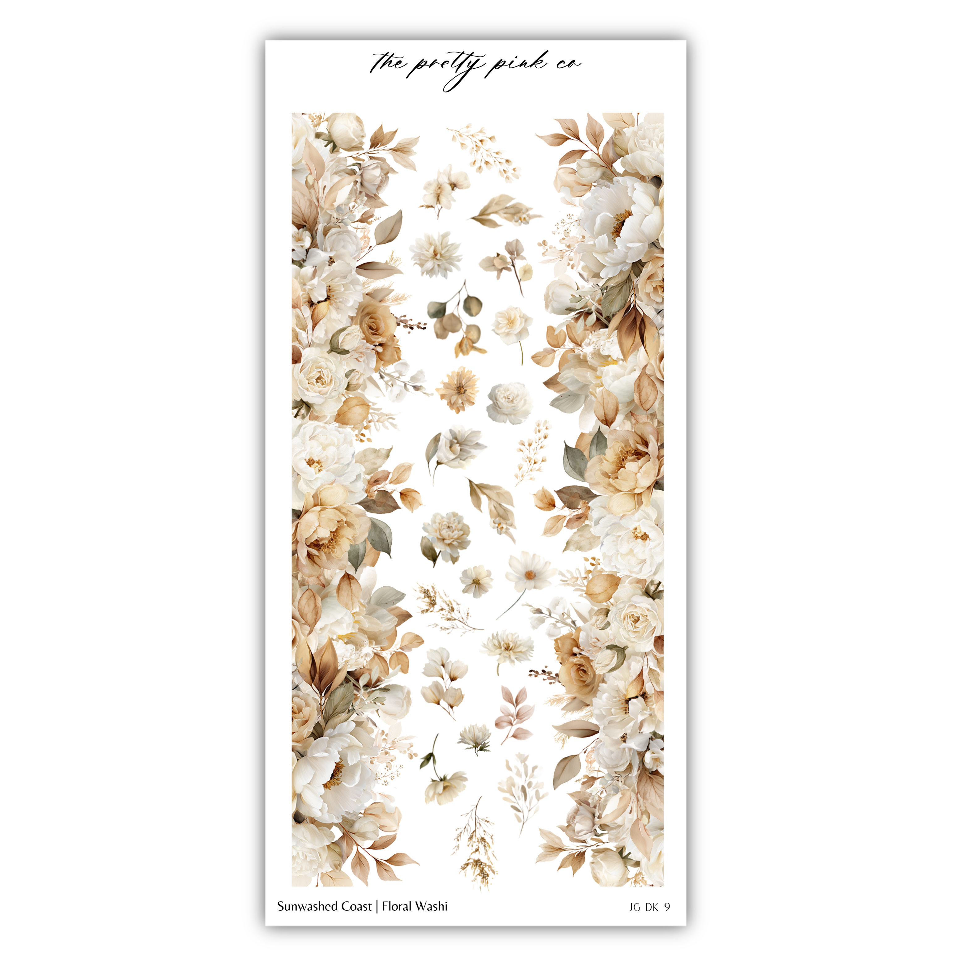 The image is a collage of various floral images, including white and beige flowers, leaves, and branches, arranged in a vertical orientation.