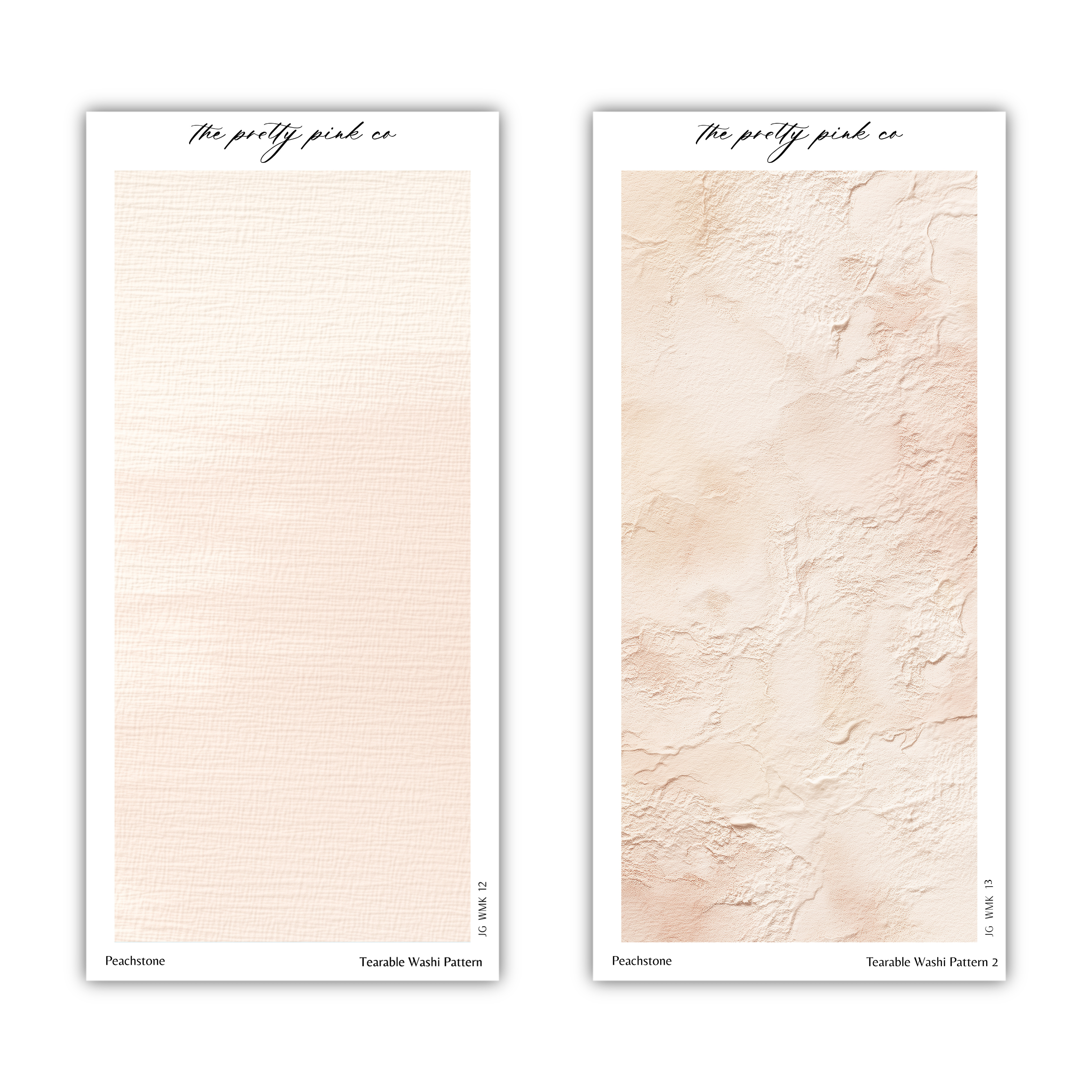 two different textures, one with a smooth, light beige color and the other with a rough, light beige texture. The text above each texture reads "The pretty pink co" and below it reads "Tearable Wash Pattern 2".