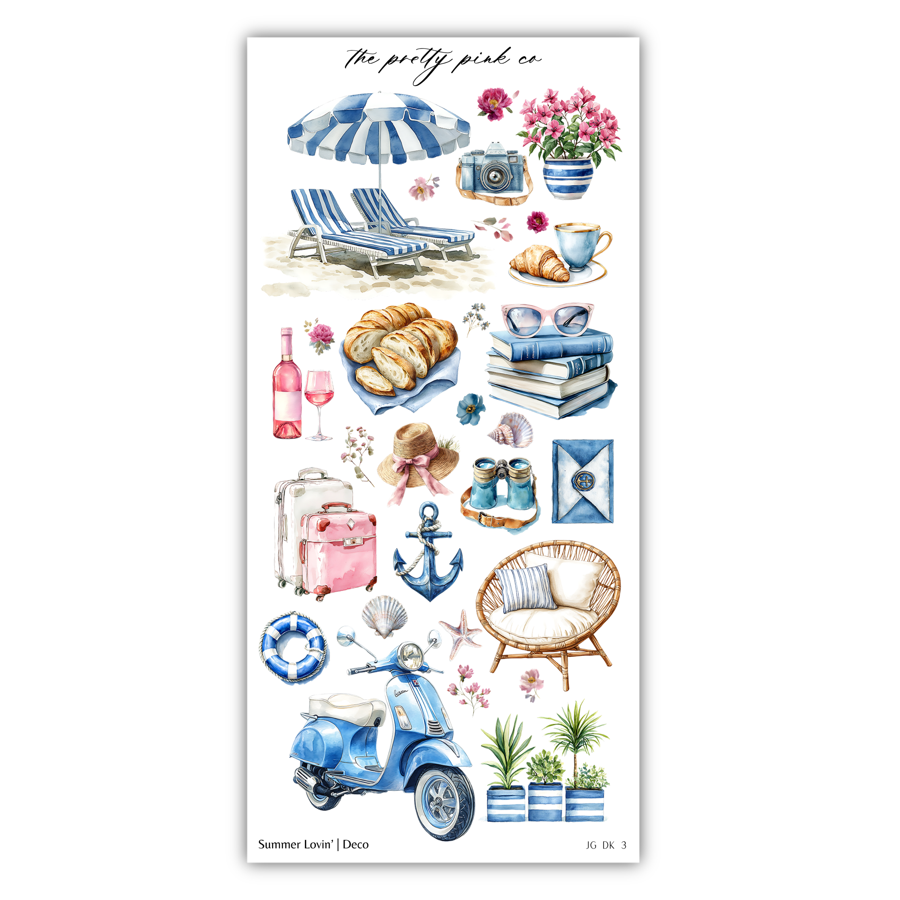 a sticker of blue and white items