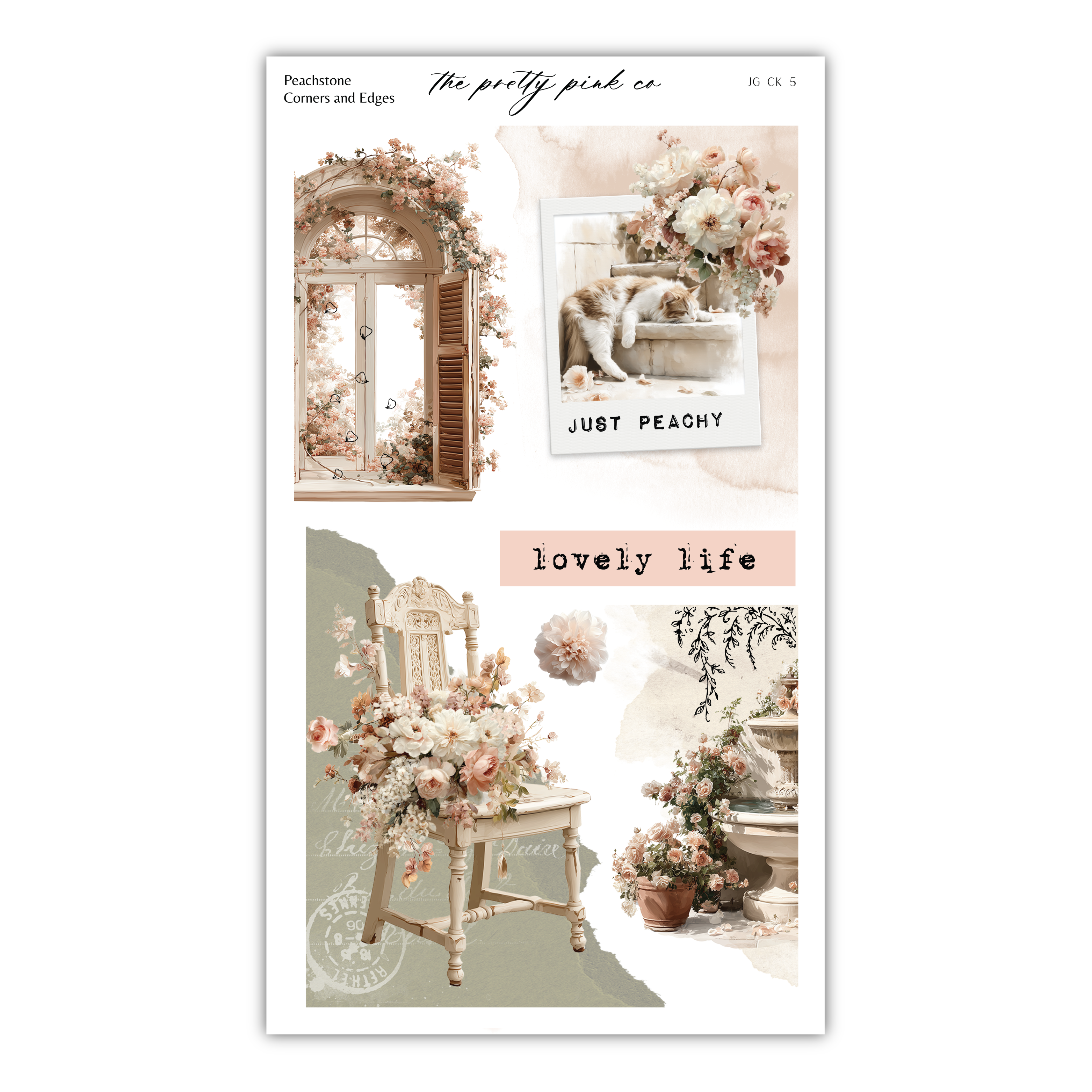The image is a collage of various floral and decorative elements, including a window with floral decorations, a chair with a floral arrangement, and a potted plant. The collage also includes a quote that reads "Just Peachy" and the phrase "lovely life".