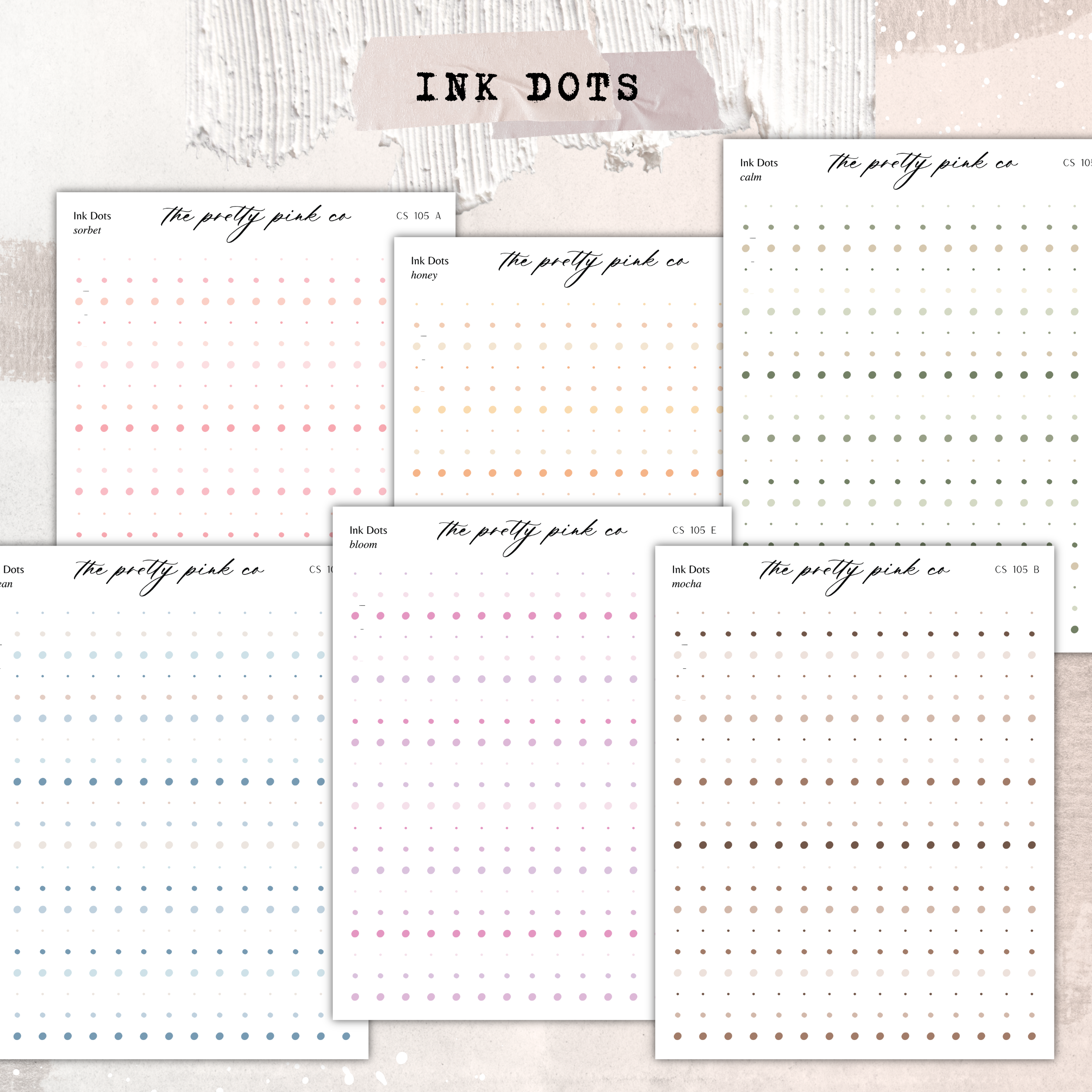 a collection of six different ink dot patterns, each with a unique color scheme and design. The patterns are arranged in a grid format, with each row representing a different color and each column representing a different pattern. The ink dots are arranged in a visually appealing manner, showcasing the variety of colors and designs available.