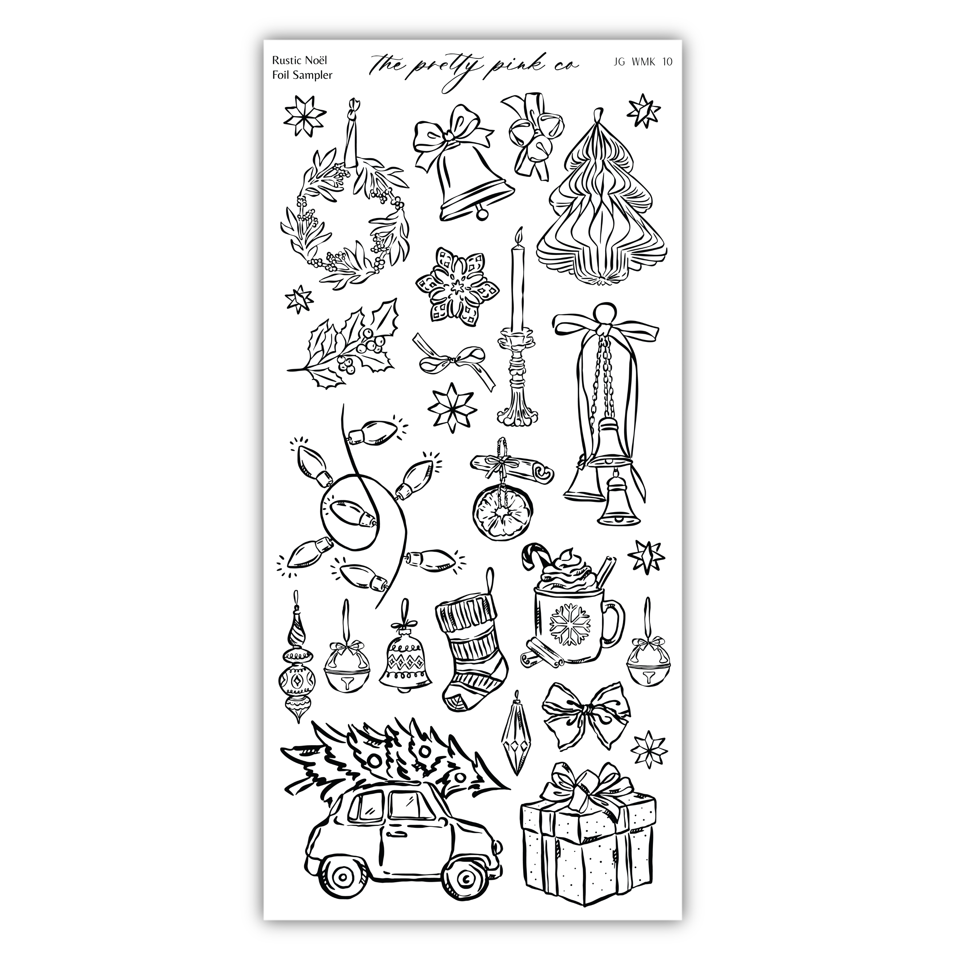 various Christmas-themed illustrations, including a Christmas tree, bells, ornaments, a wreath, a star, a gift box, a car, and other festive elements.
