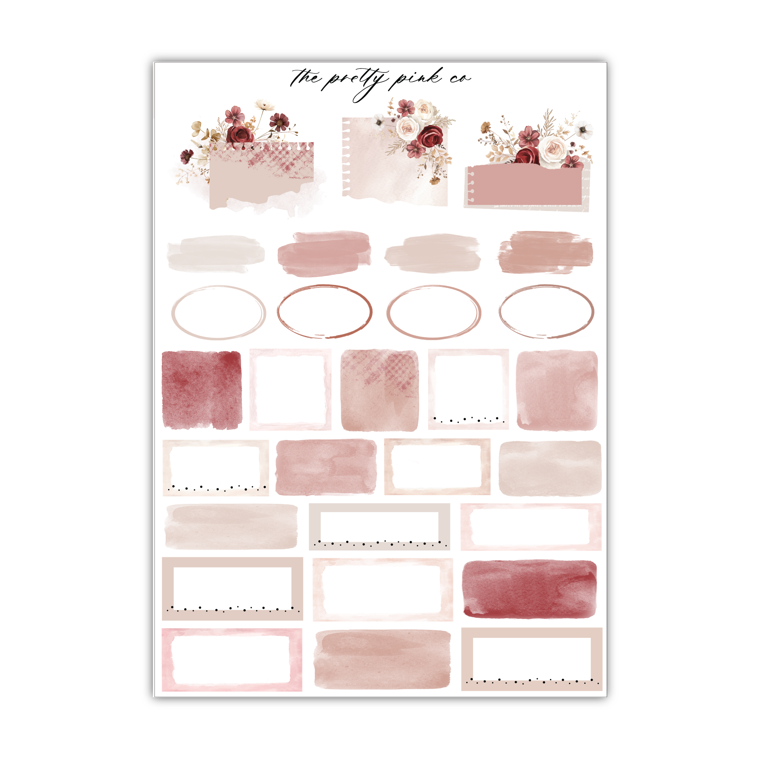 a sticker sheet with pink and red watercolors