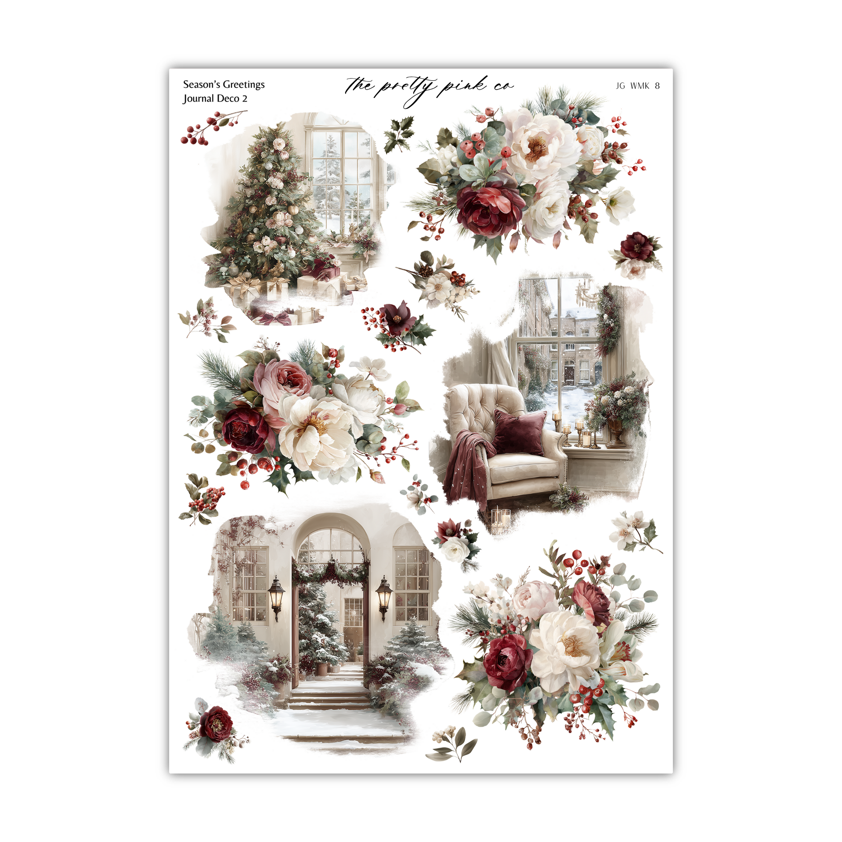 The image is a collage of various holiday-themed images, including a Christmas tree, a fireplace, a chair, and a window. The collage features a variety of floral and winter-themed elements, such as flowers, pine branches, and snow. The overall composition is visually appealing and creates a festive atmosphere.