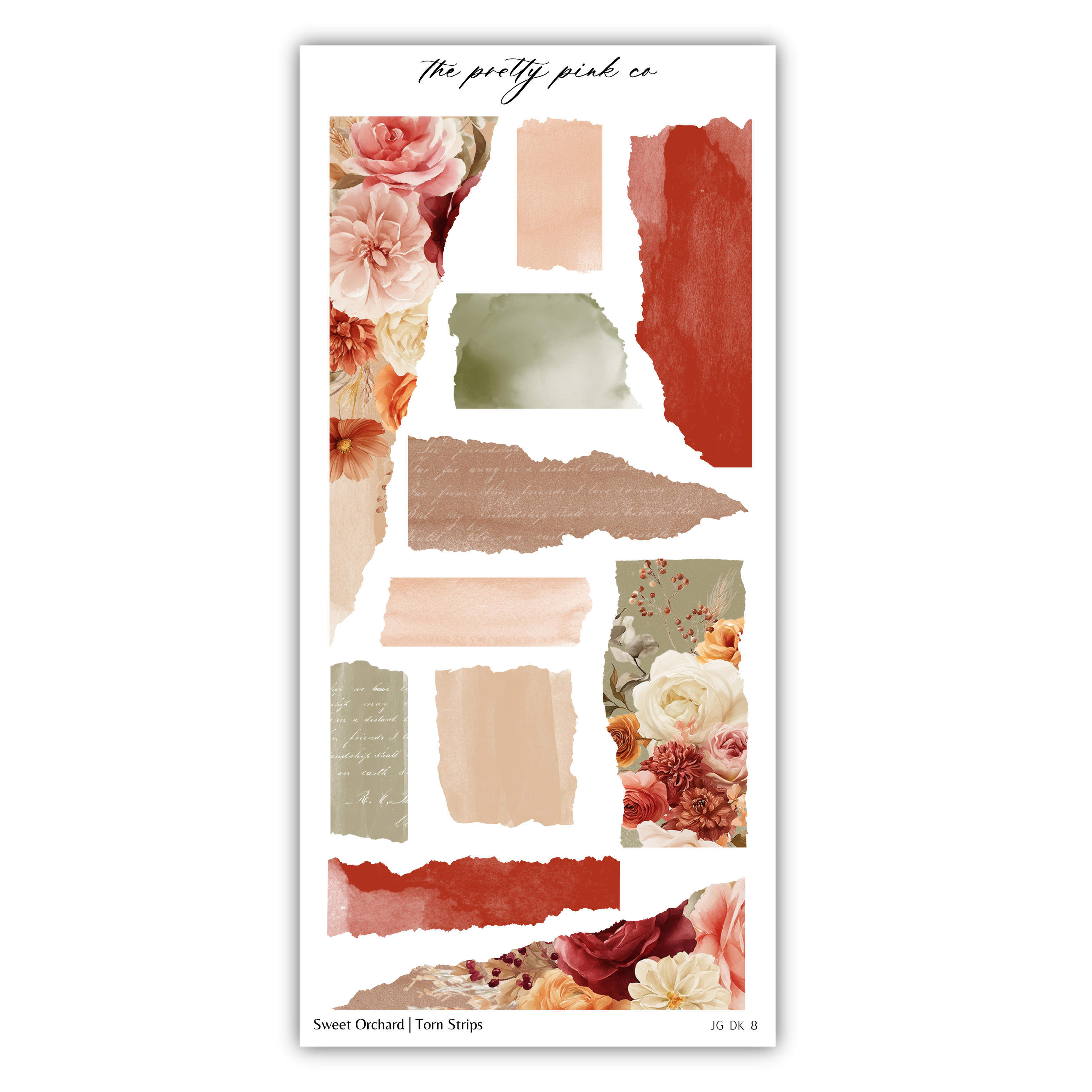 The image is a collage of various floral and abstract elements, including watercolor-like textures, torn strips, and a mix of pink, green, and orange colors.