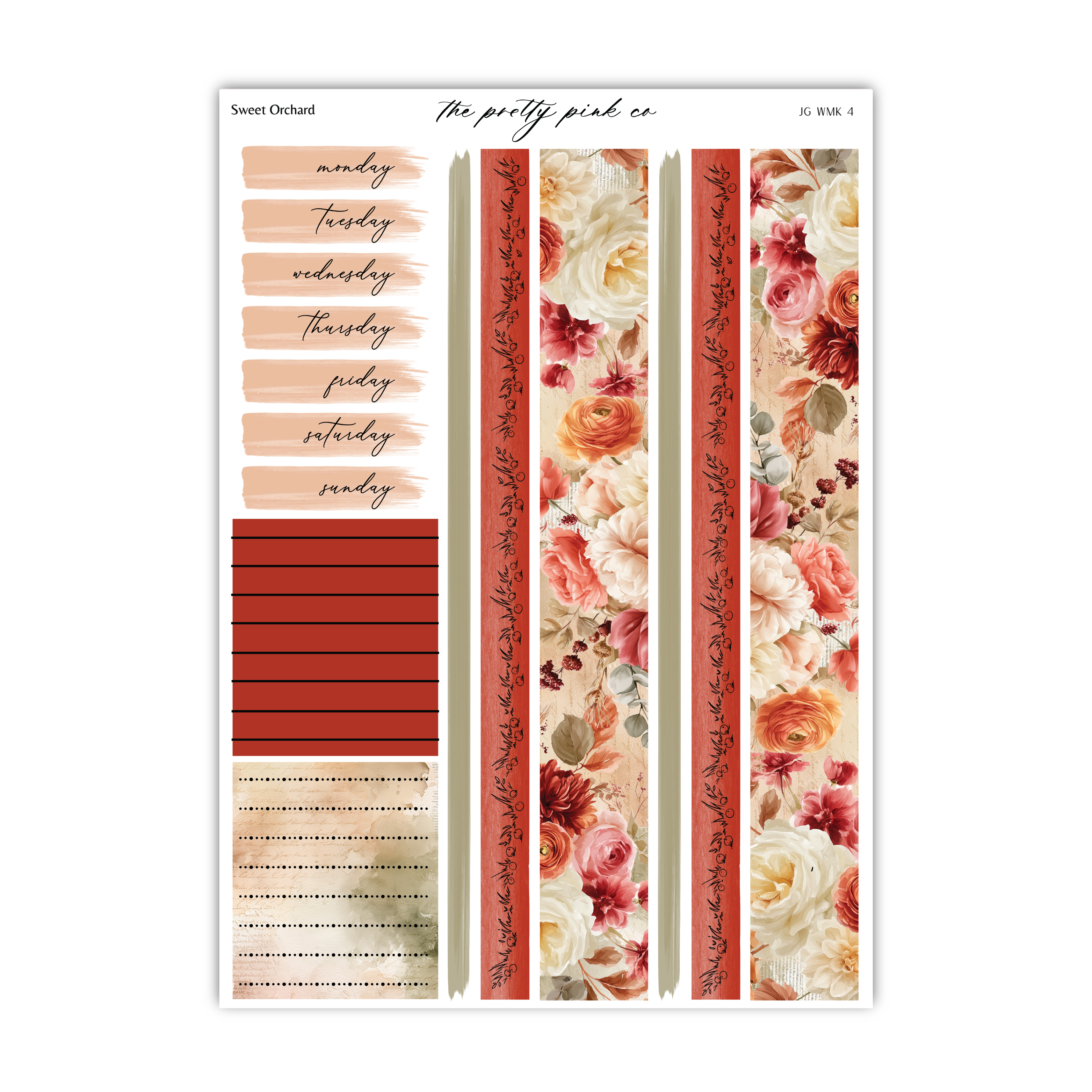 The image is a collection of decorative elements, including a floral pattern, a red stripe, and a list of days of the week.