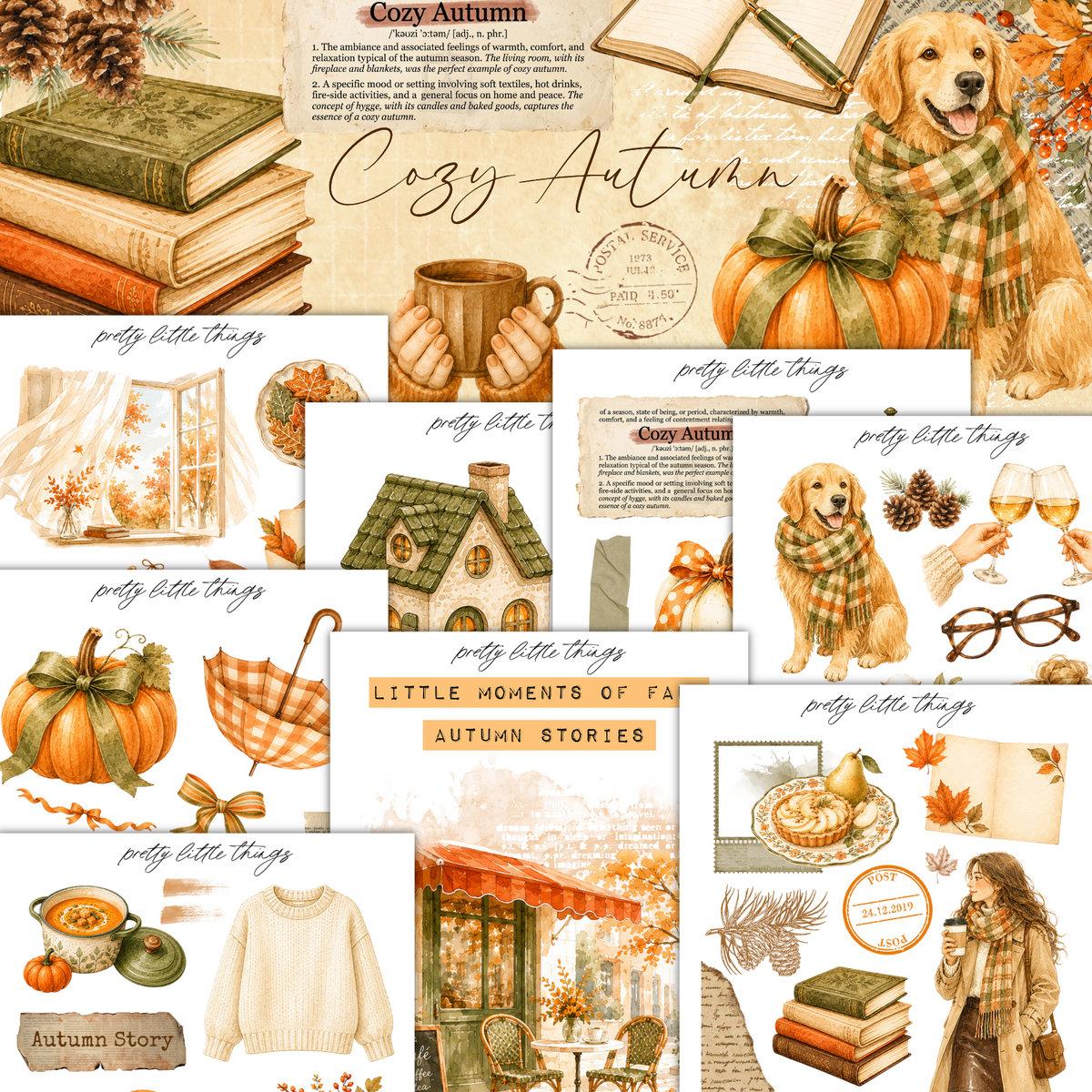 The image is a collage of various autumn-themed illustrations and objects, including books, pumpkins, a dog, and other seasonal items. The collage is titled "Cozy Autumn" and includes text that describes the theme and the items depicted.