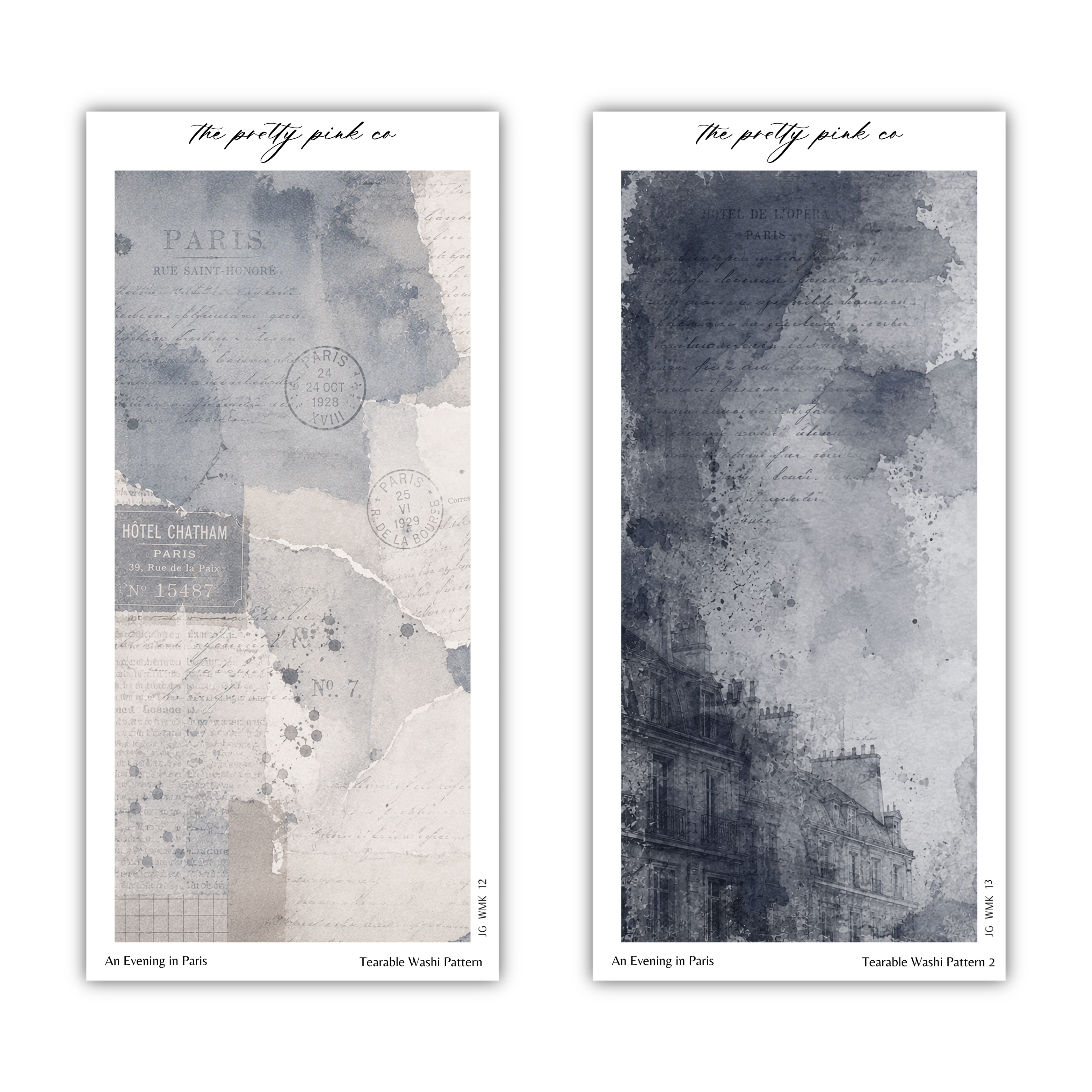two separate pictures, one depicting a building and the other showing a city street scene. The text above the images reads "The pretty pink co" and "The pretty pink co" is written in a different style. The text below the images reads "An Evening in Paris" and "Tearable Wash Pattern 2".