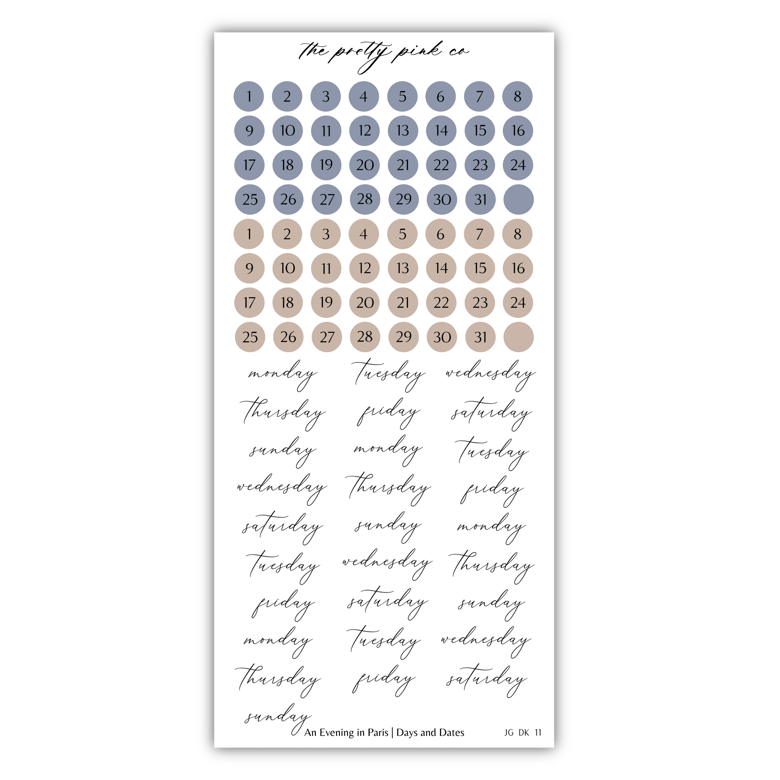 The image is a calendar with a grid of numbers representing days of the week, and a separate section with handwritten text representing days of the week.