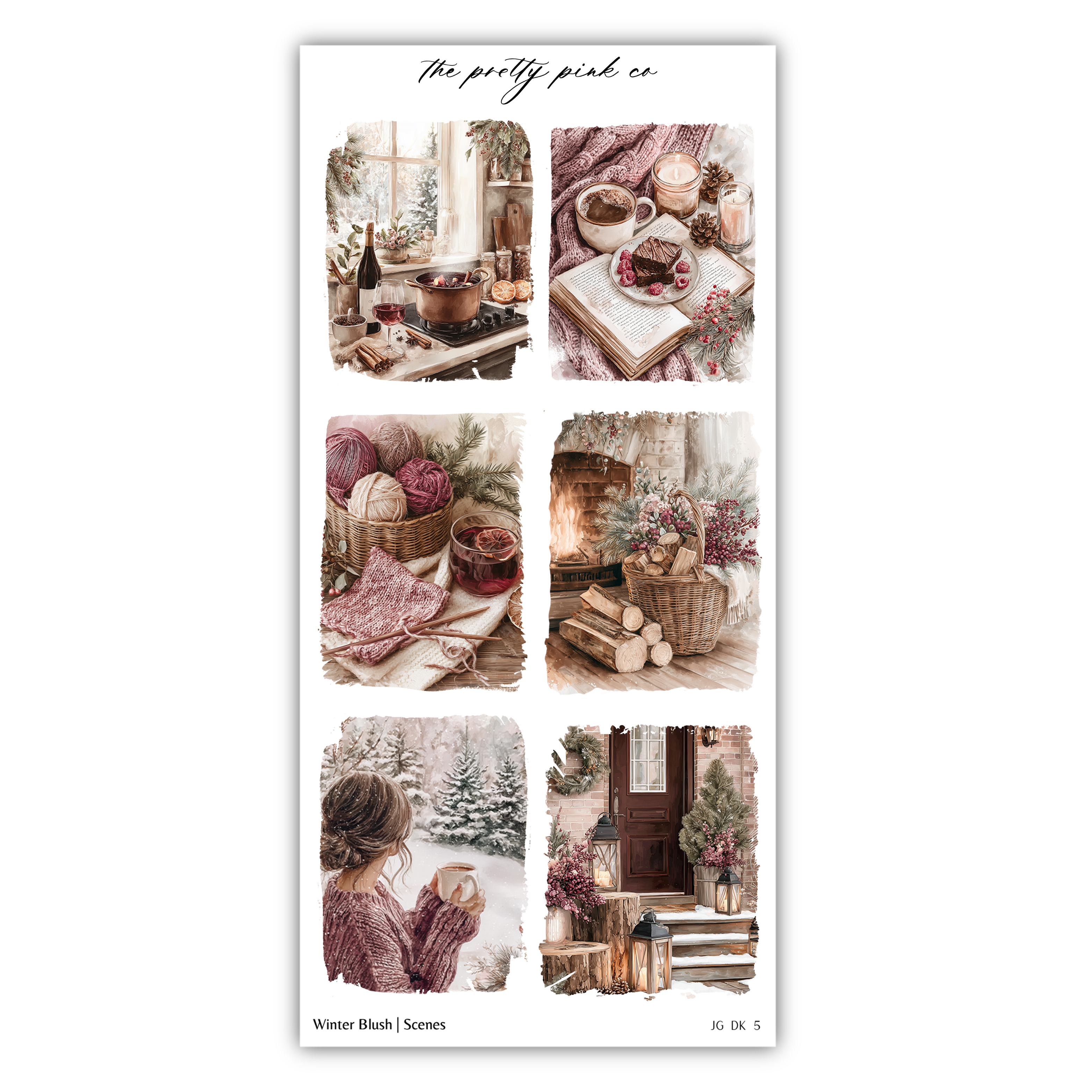 The image is a collage of six pictures depicting various winter scenes, including a cozy fireplace, a snowy landscape, a woman enjoying a warm beverage, and other winter-themed elements.