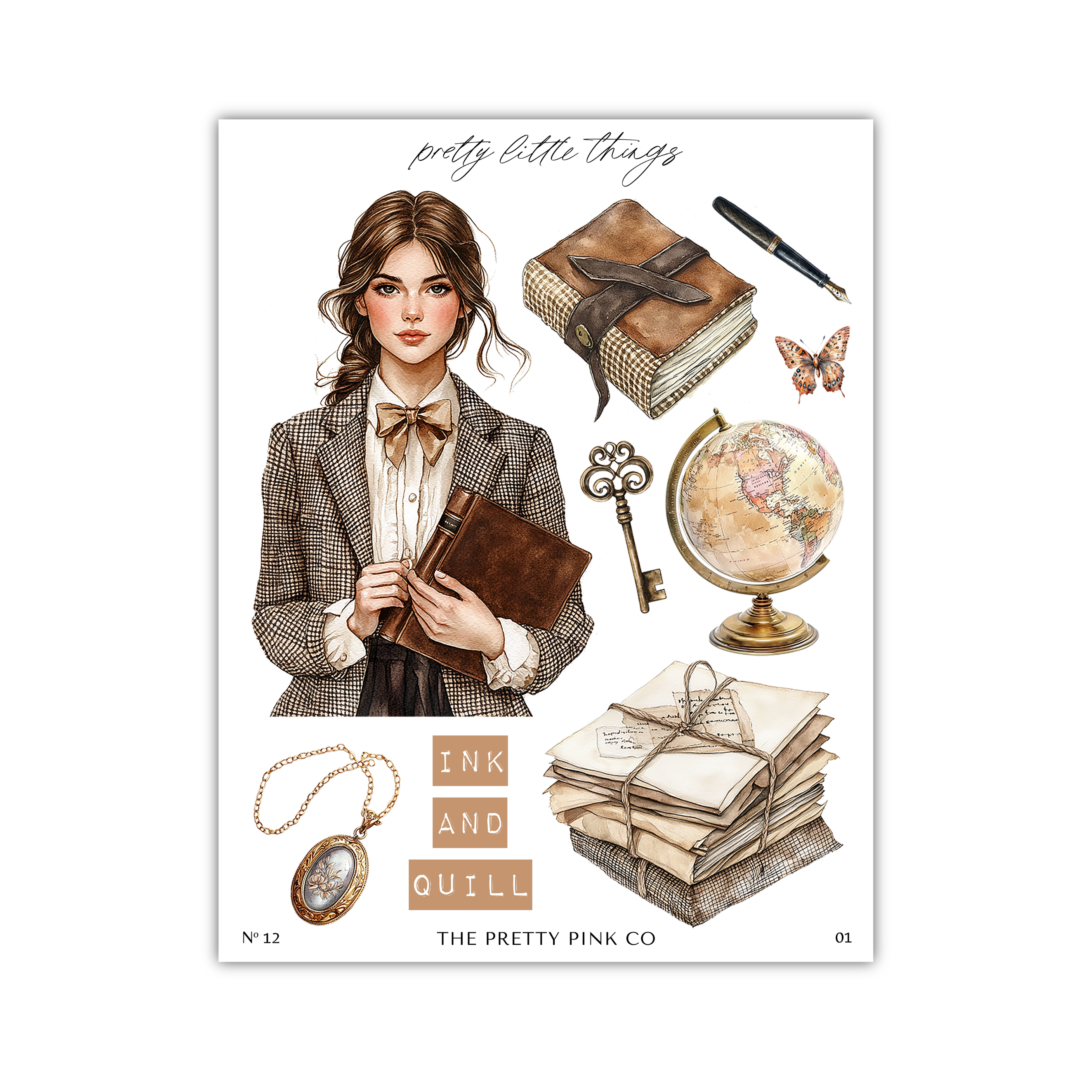 The image is a collage of various objects and items, including a woman, a book, a globe, a key, a quill pen, and a stack of papers.