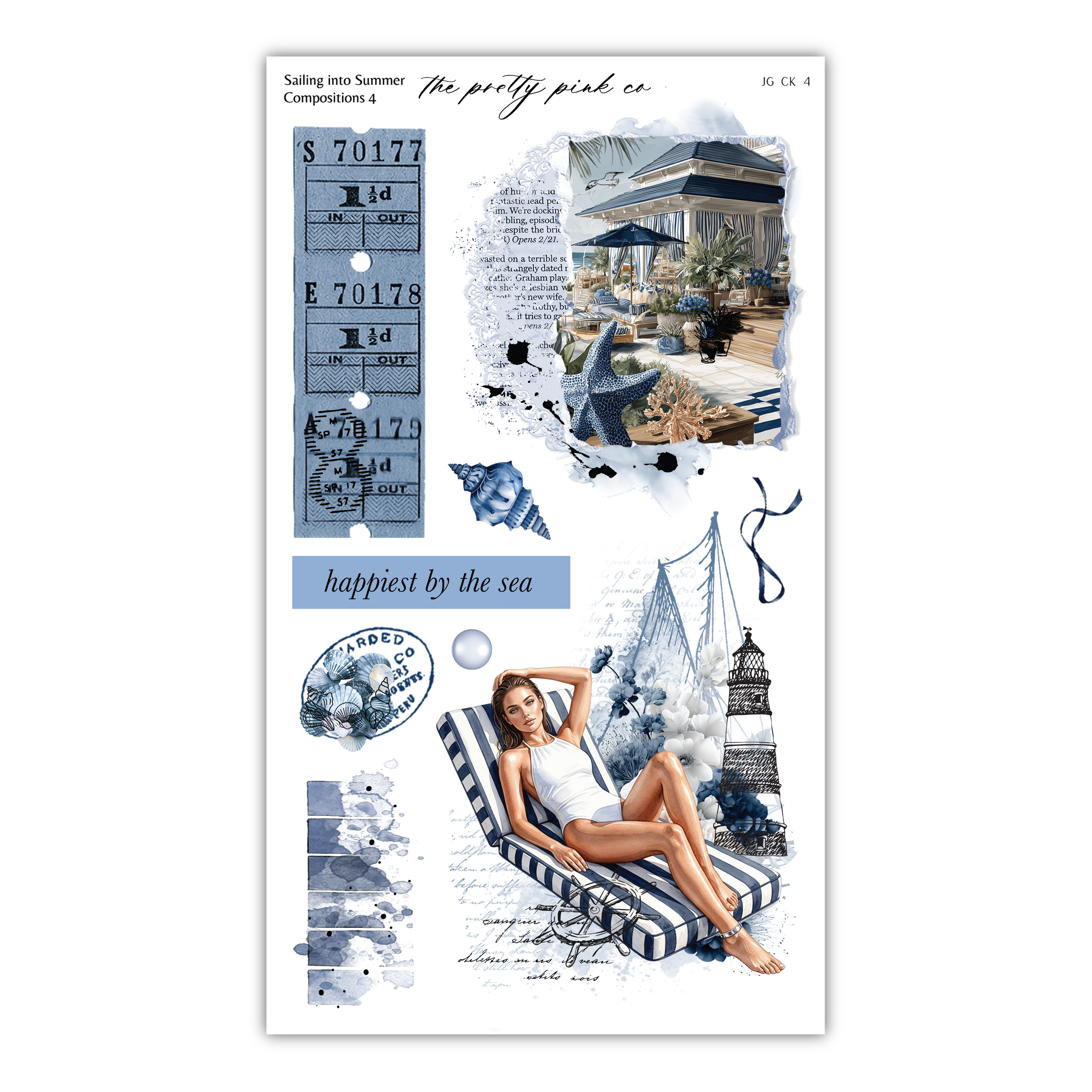 The image is a collage of various elements, including a woman in a white swimsuit, a house, a boat, and other nautical and beach-themed items. The collage appears to be a creative and artistic representation of summer and relaxation, with a focus on the beauty and tranquility of the seaside environment.