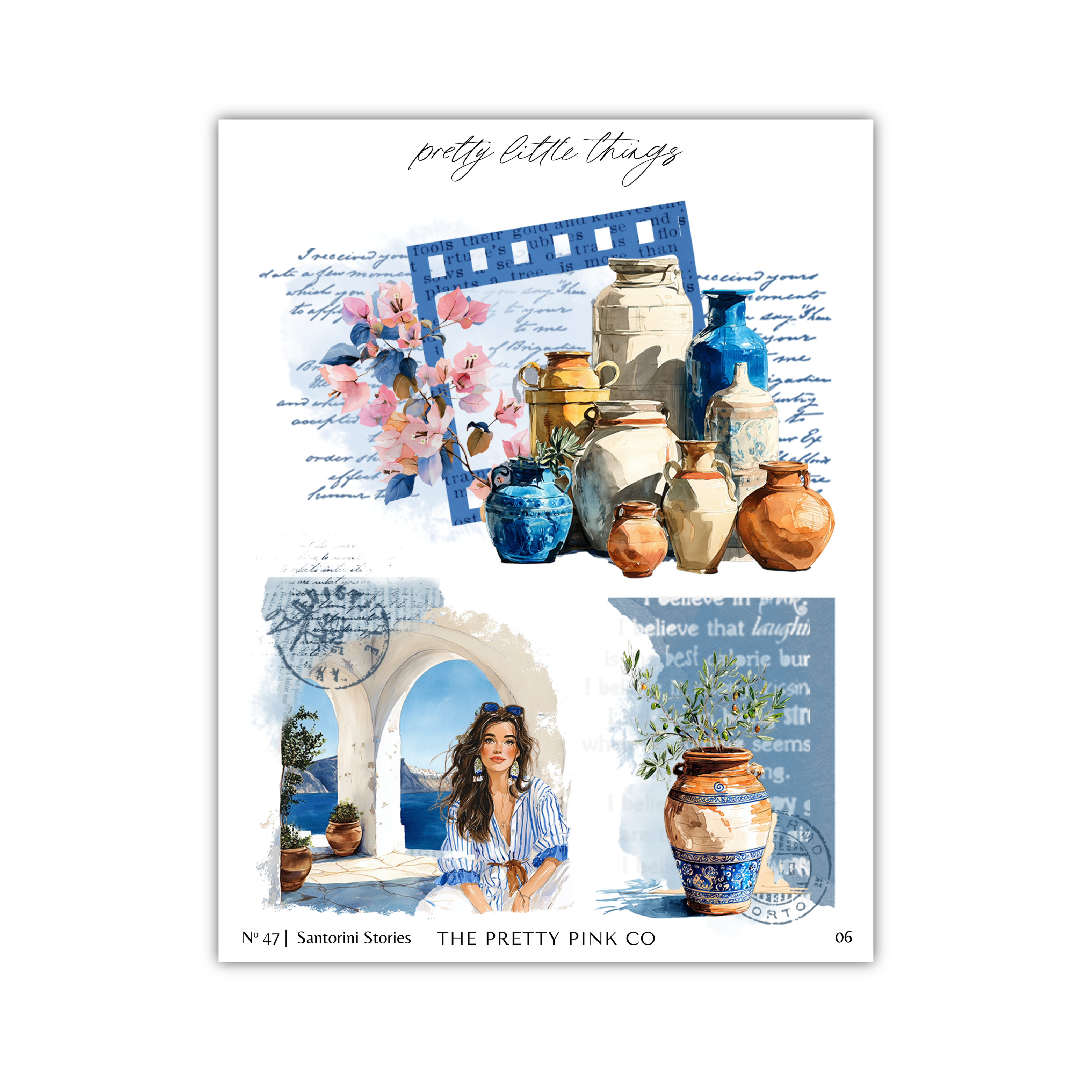 The image is a collage of three different scenes, each featuring various objects and a woman. The top scene includes a blue vase, a pink flower, and a blue and white vase. The middle scene features a woman sitting in a window with a view of the ocean. The bottom scene shows a woman sitting in a chair with a vase on her lap.