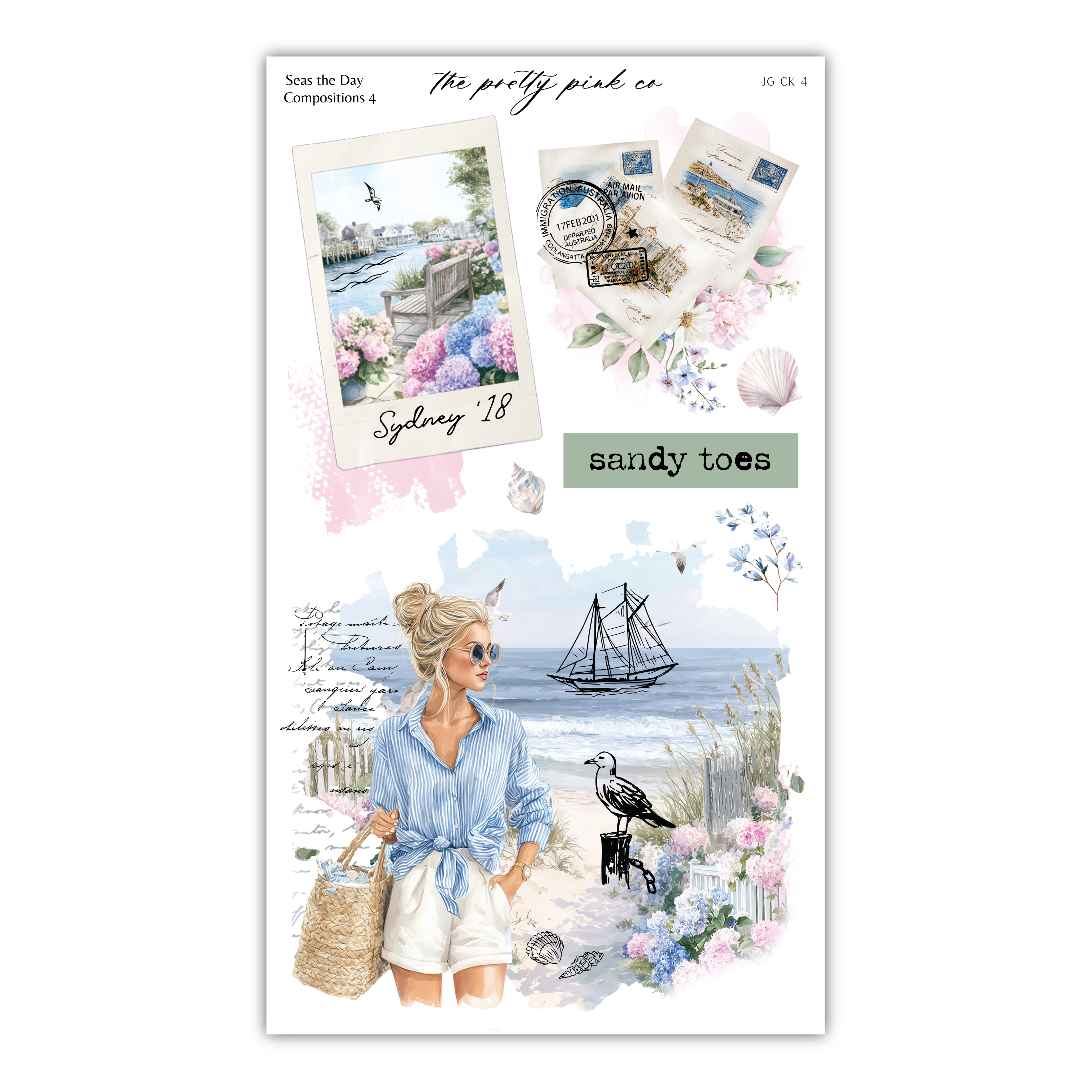 The image is a collage featuring a woman in a blue shirt and white shorts, holding a straw bag, with various elements such as a boat, flowers, and a seascape.